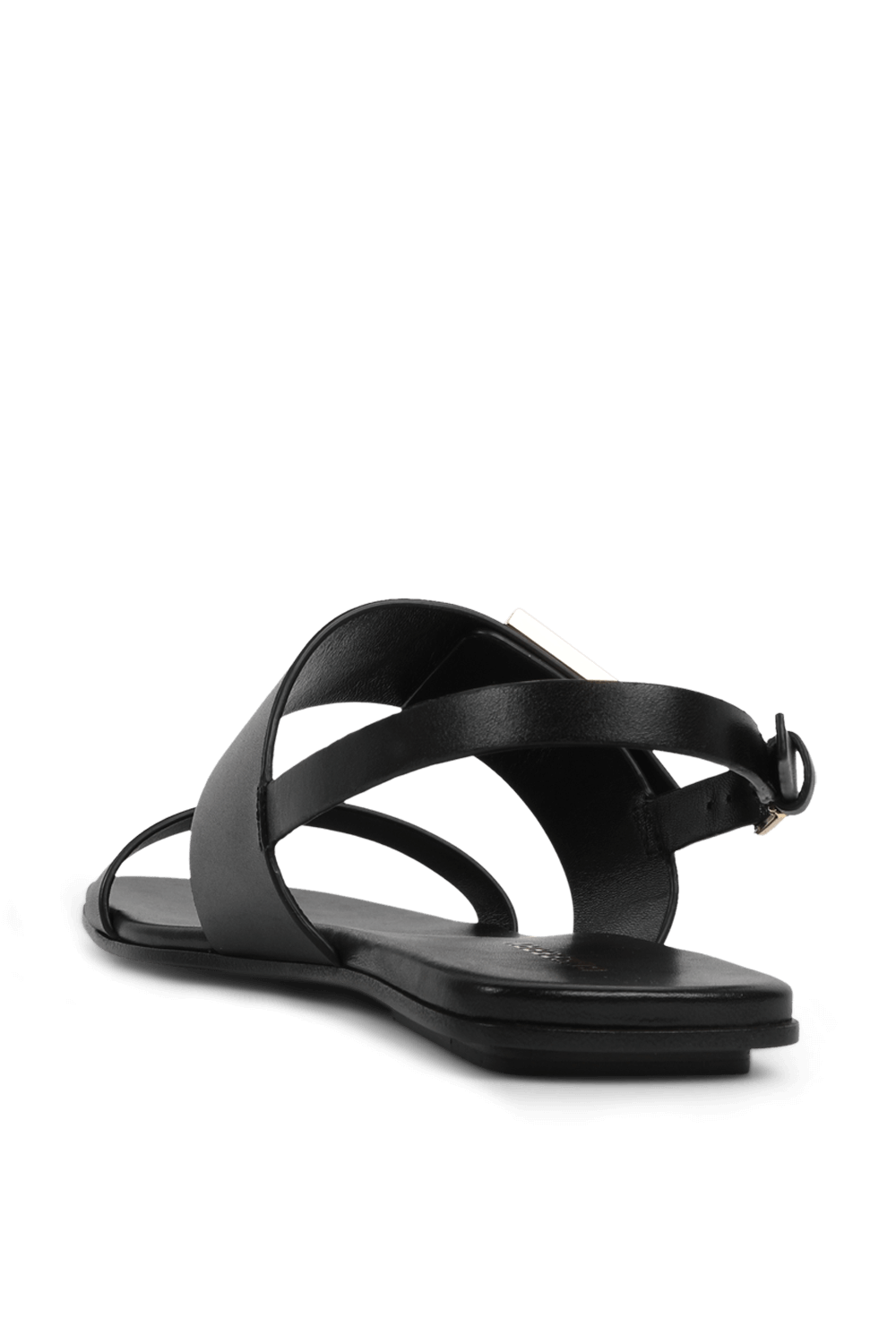 תמונה אחורית של סנדל שחור מעור עם אלמנט מוזהב