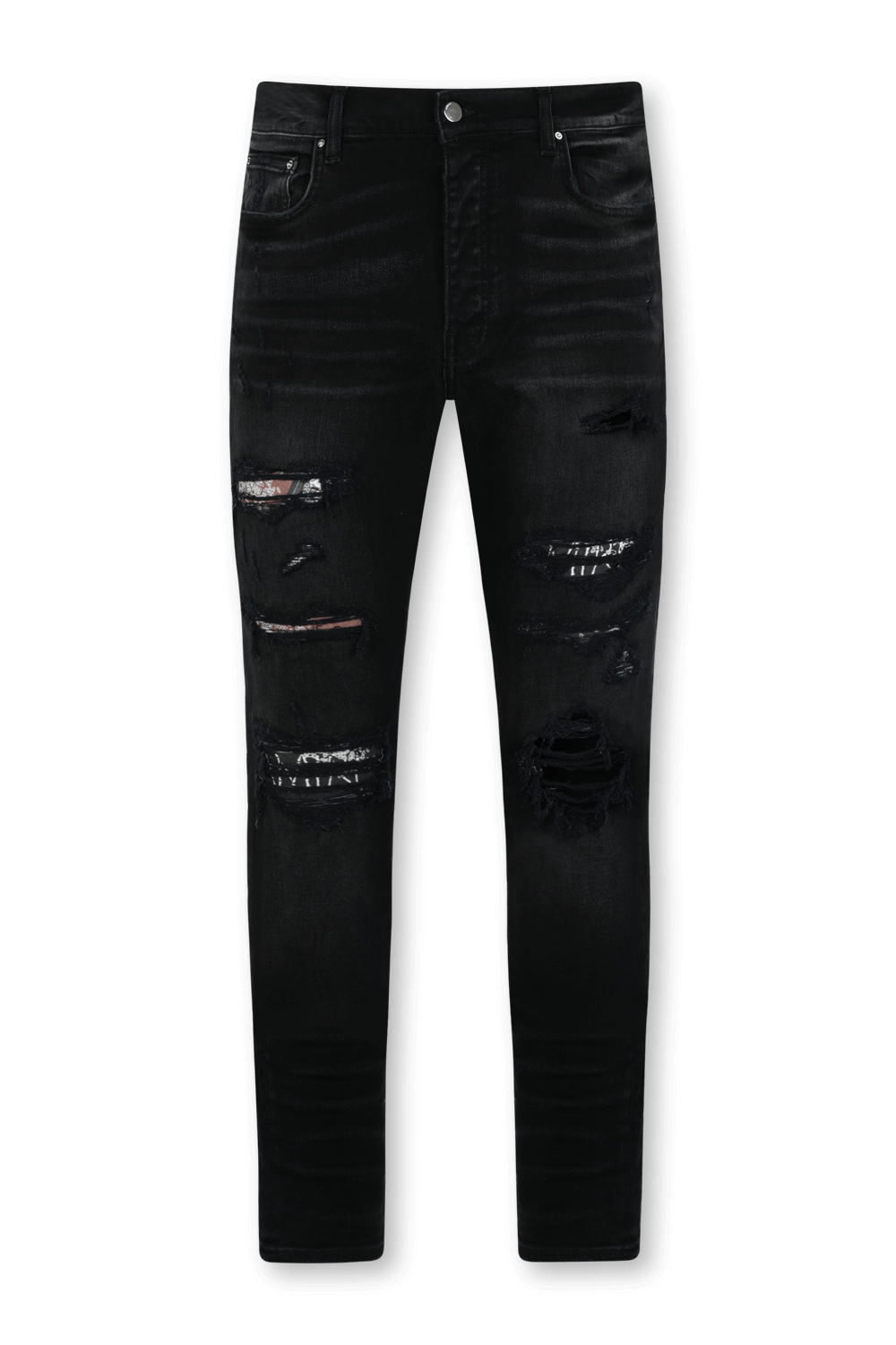 תמונה קידמית של מכנסי סקיני ג'ינס שחורים עם קרעים