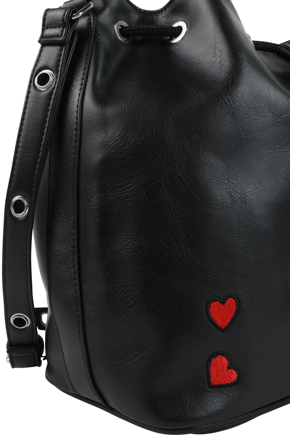 תמונה אחורית של תיק באקט עם לבבות רקומים בגוון שחור