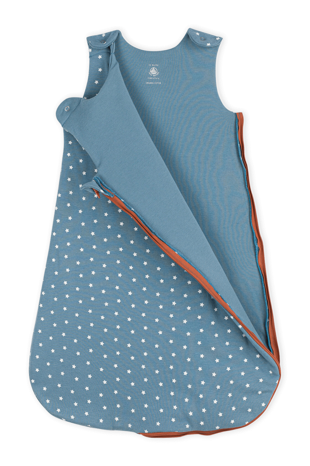 תמונה אחורית של שק שינה לבן בהדפס כוכבים עם סגירת רוכסן  -גיל  6 חודשים- 18 חודשים