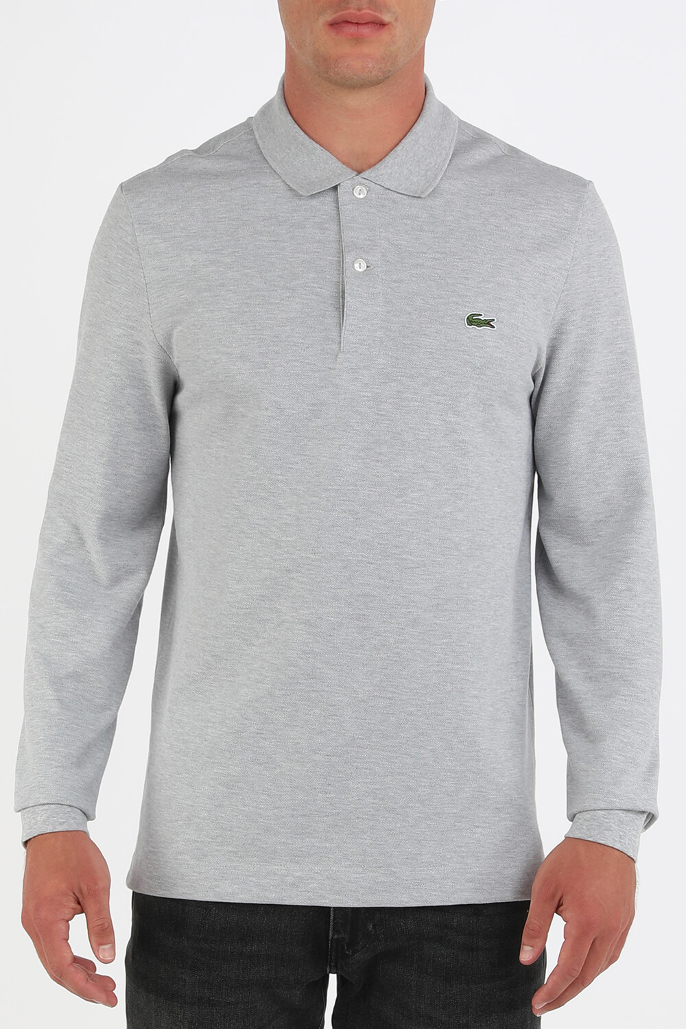 תמונת דוגמן קידמית של חולצת פולו עם שרוולים ארוכים בצבע אפור