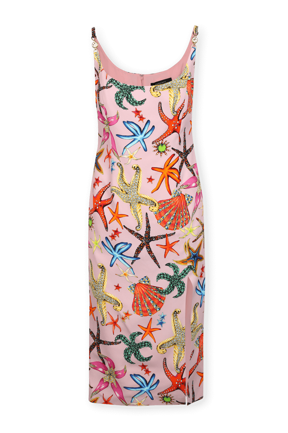 תמונה קידמית של שמלת מידי ורודה עם פרינט אוצרות ים צבעוני