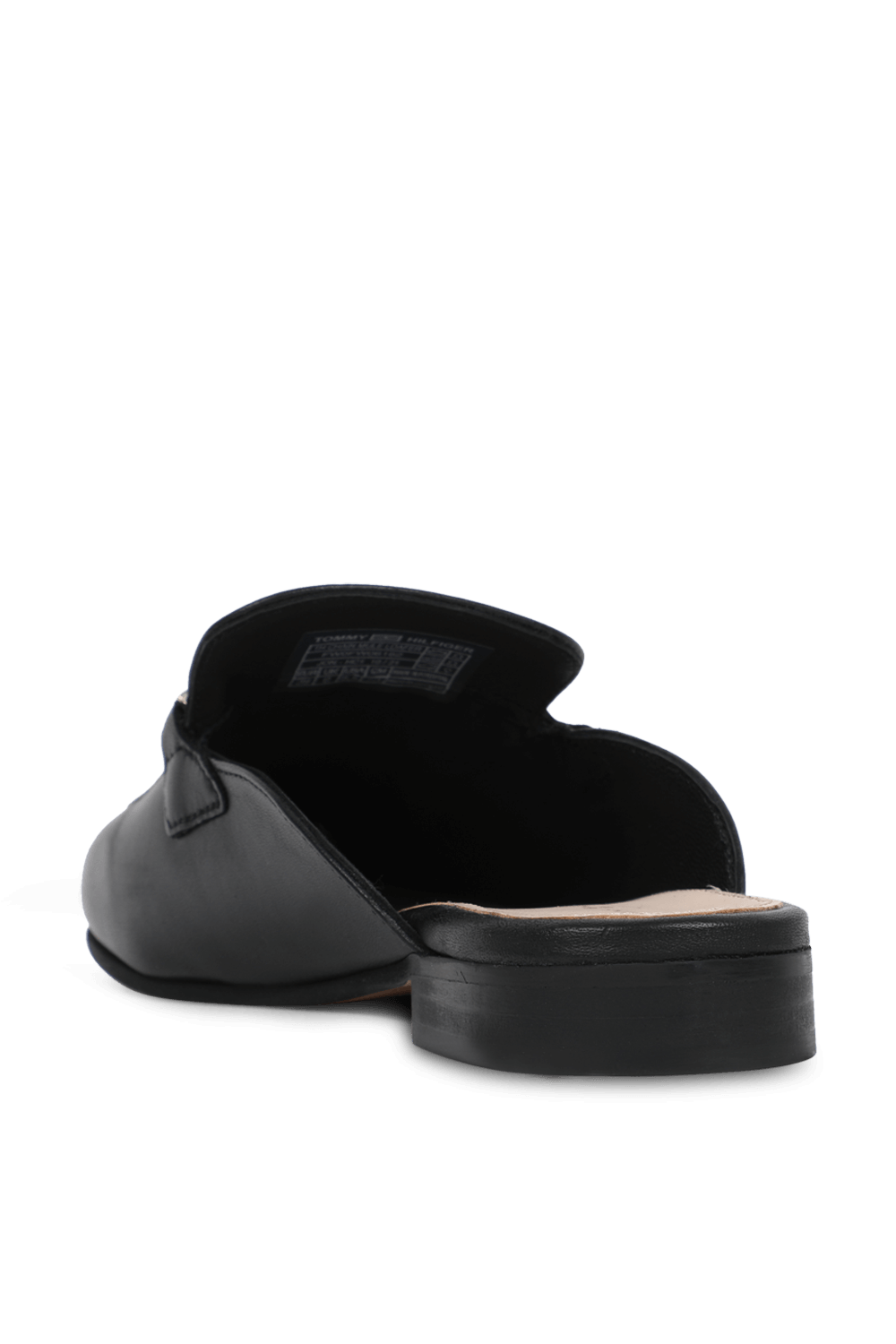 תמונה אחורית של כפכפי מיולס שחורים עם שרשרת מוזהבת