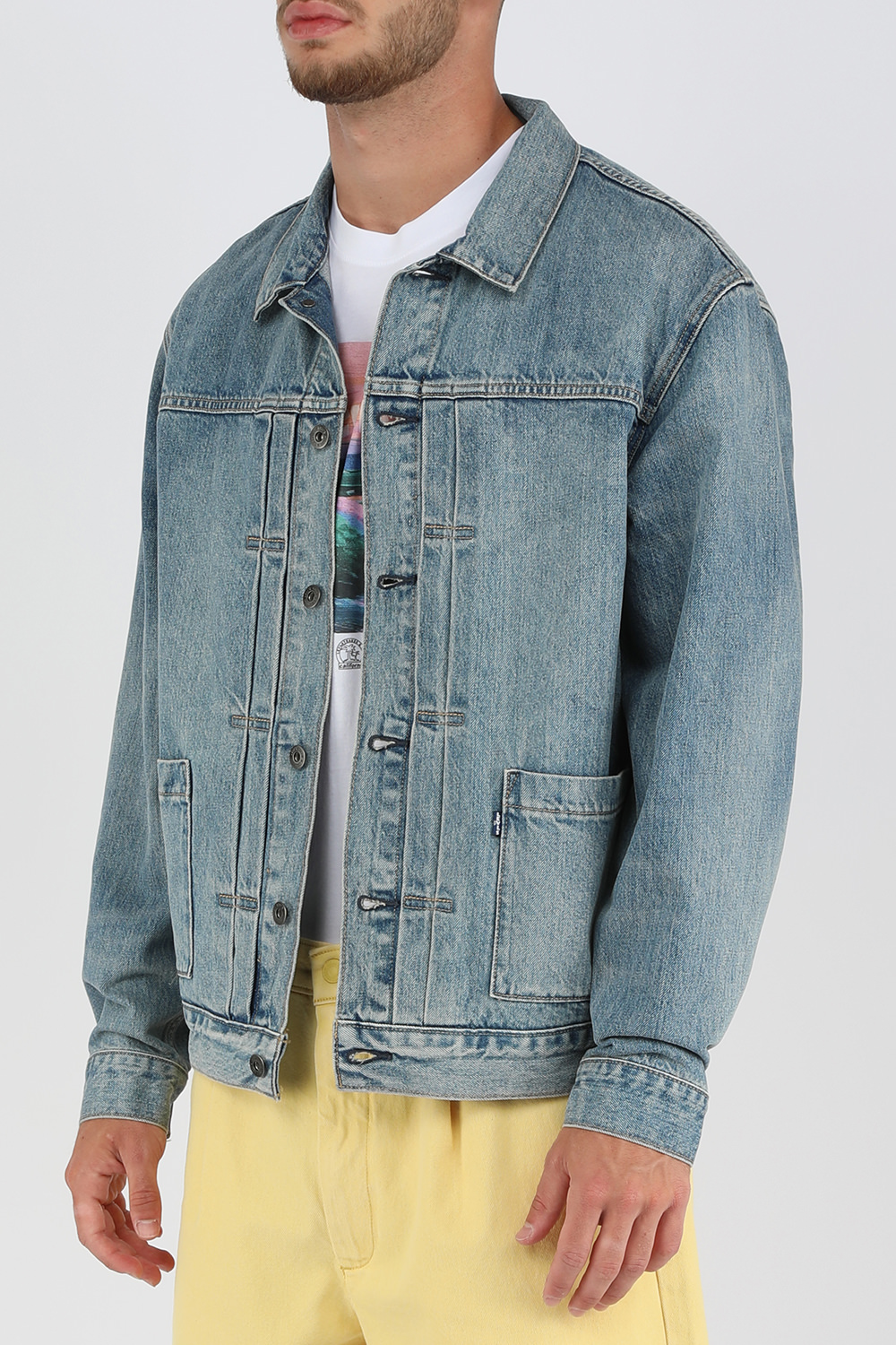 תמונת דוגמן קידמית של ז'קט ג'ינס כחול מכותנה אורגנית