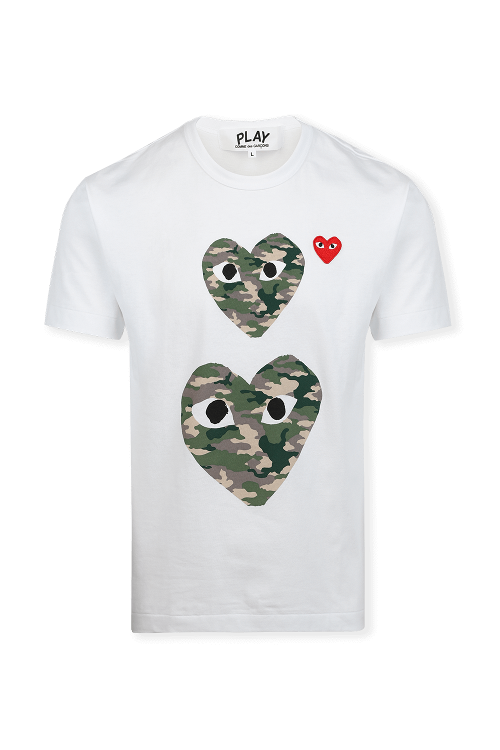 תמונה קידמית של טי שירט לבנה קצרה עם הדפס לבבות בצבעי הסוואה