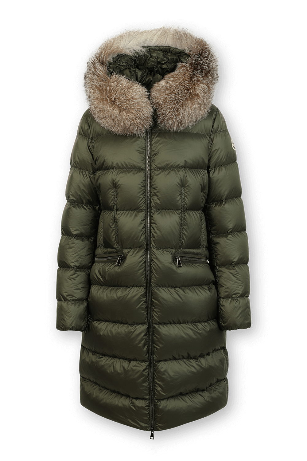 תמונה קידמית של מעיל פאפר ארוך עם קפוצ'ון פרוותי בגוון ירוק