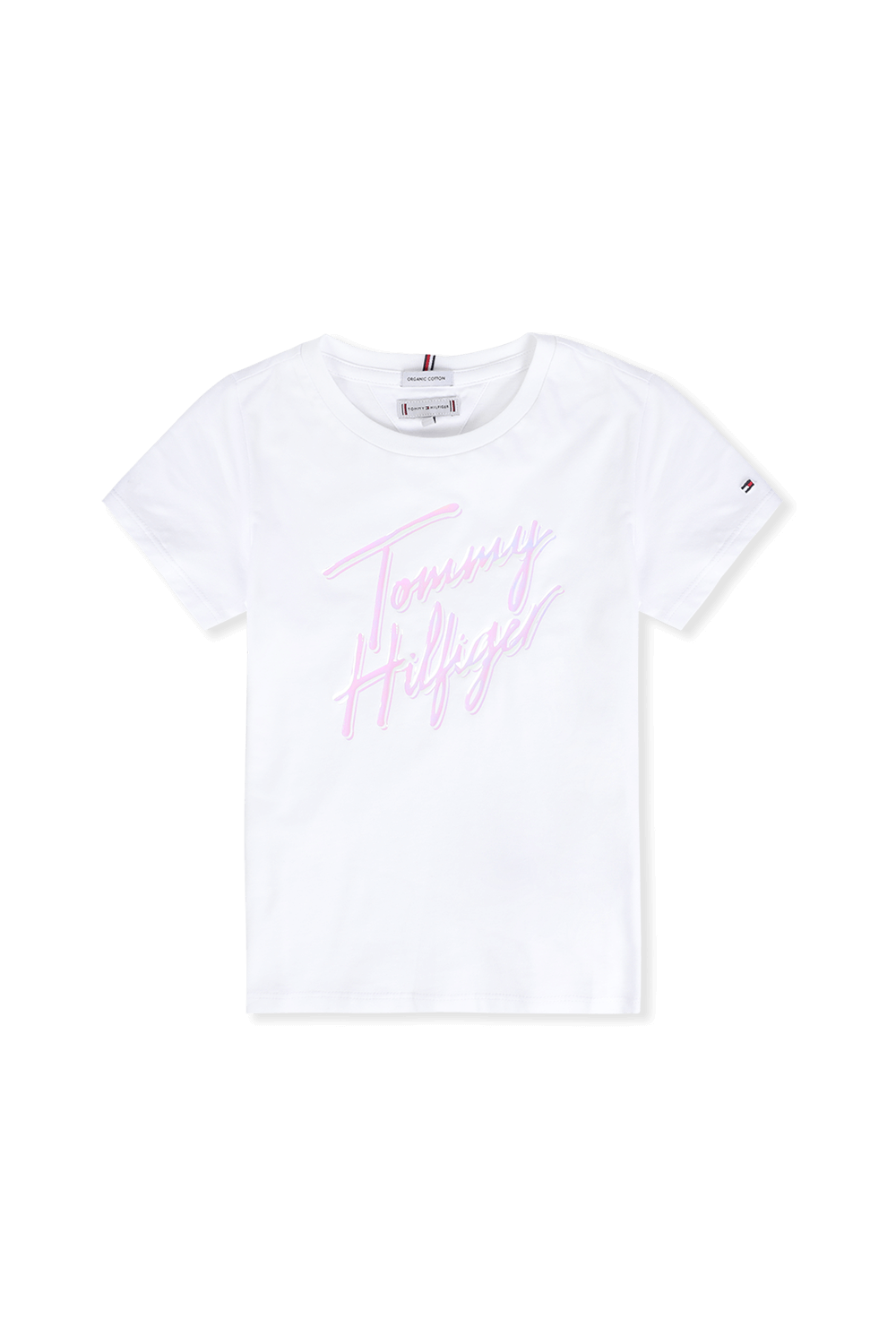 תמונה קידמית של גילאי 8-16 חולצת טי לבנה עם הדפס חתימת המעצב