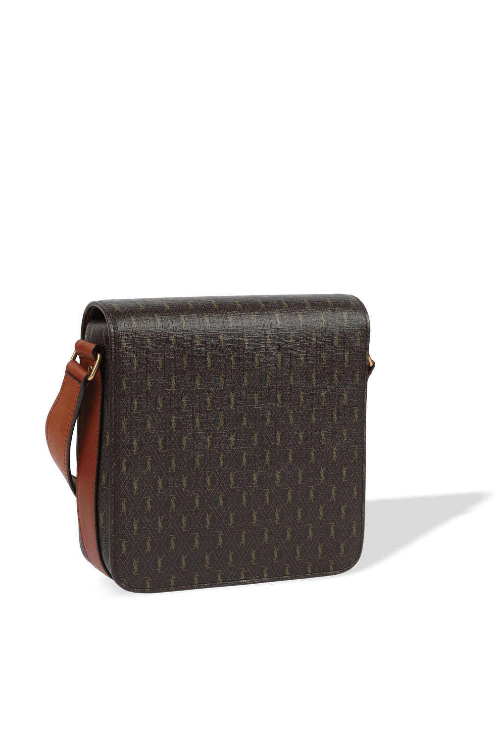 תמונה אחורית של תיק צד מונוגרמי מעור בצבע חום