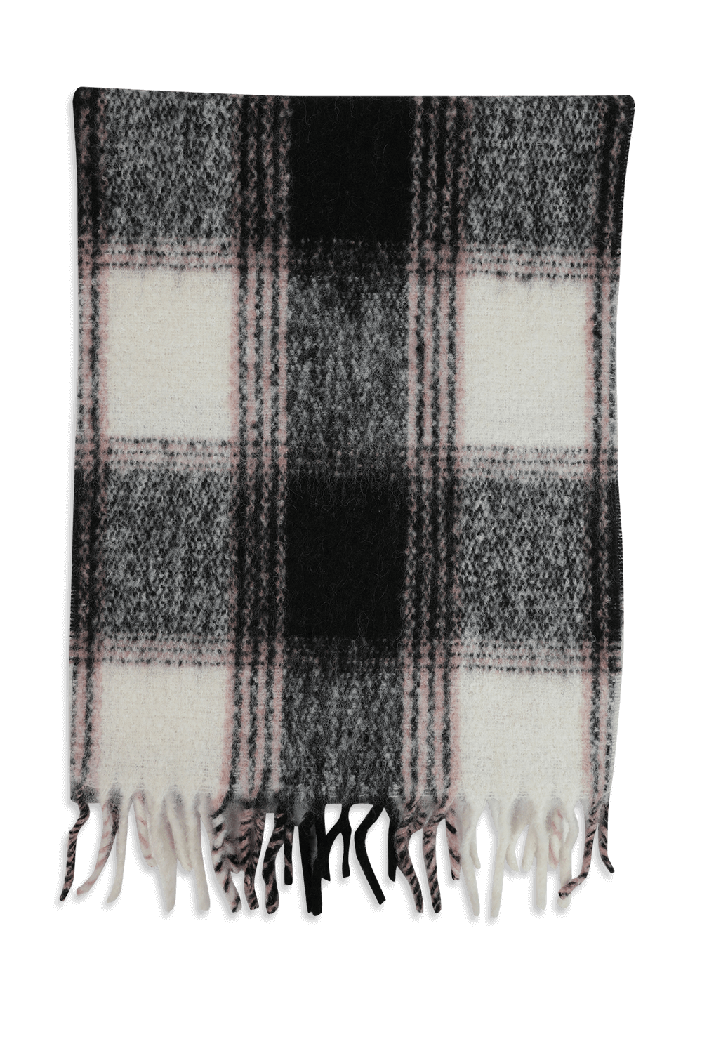 תמונה קידמית של צעיף צמר עם משבצות בגווני שחור, לבן וחום