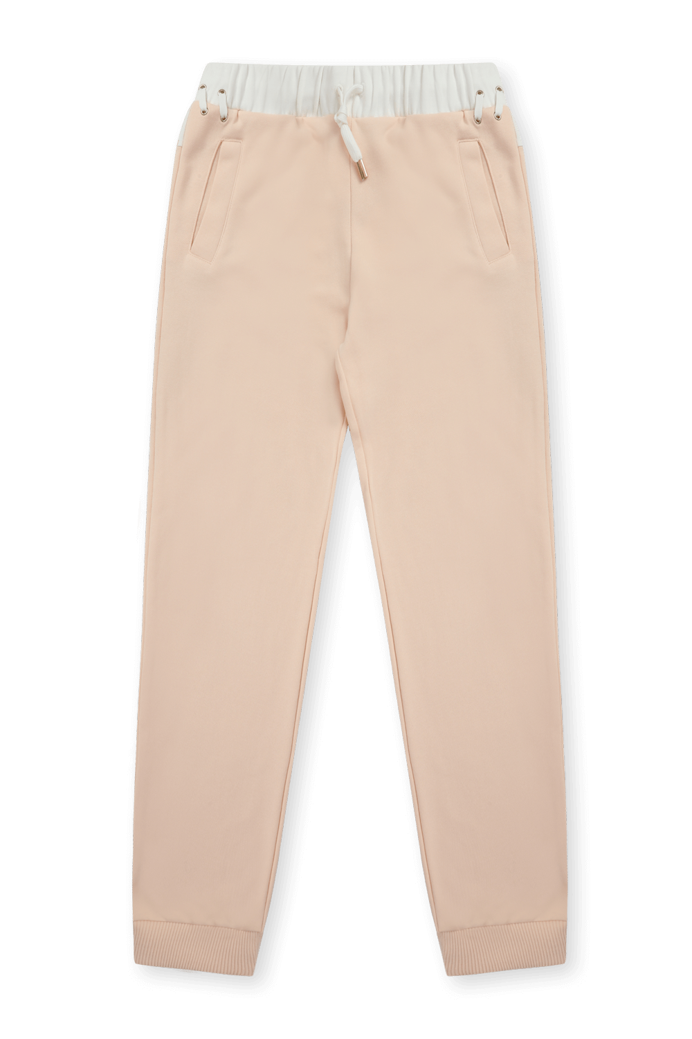 תמונה קידמית של גילאי 14 מכנסיים ורודים עם שרוכים לבנים