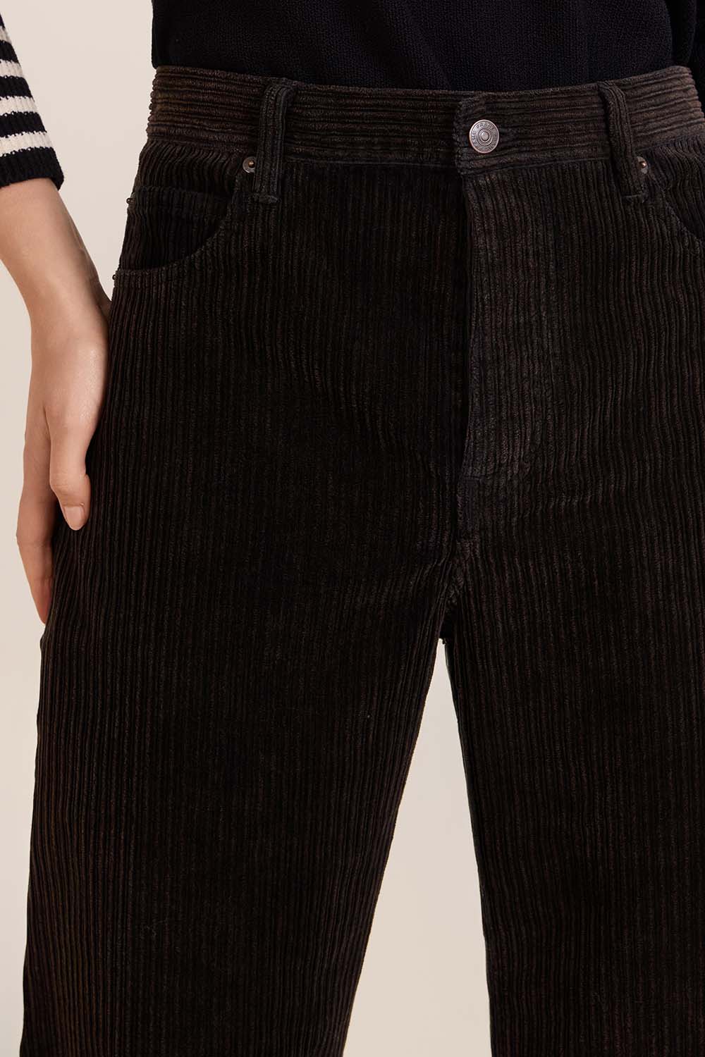 תמונת תקריב דוגמן של מכנסי קורדרוי רחבים