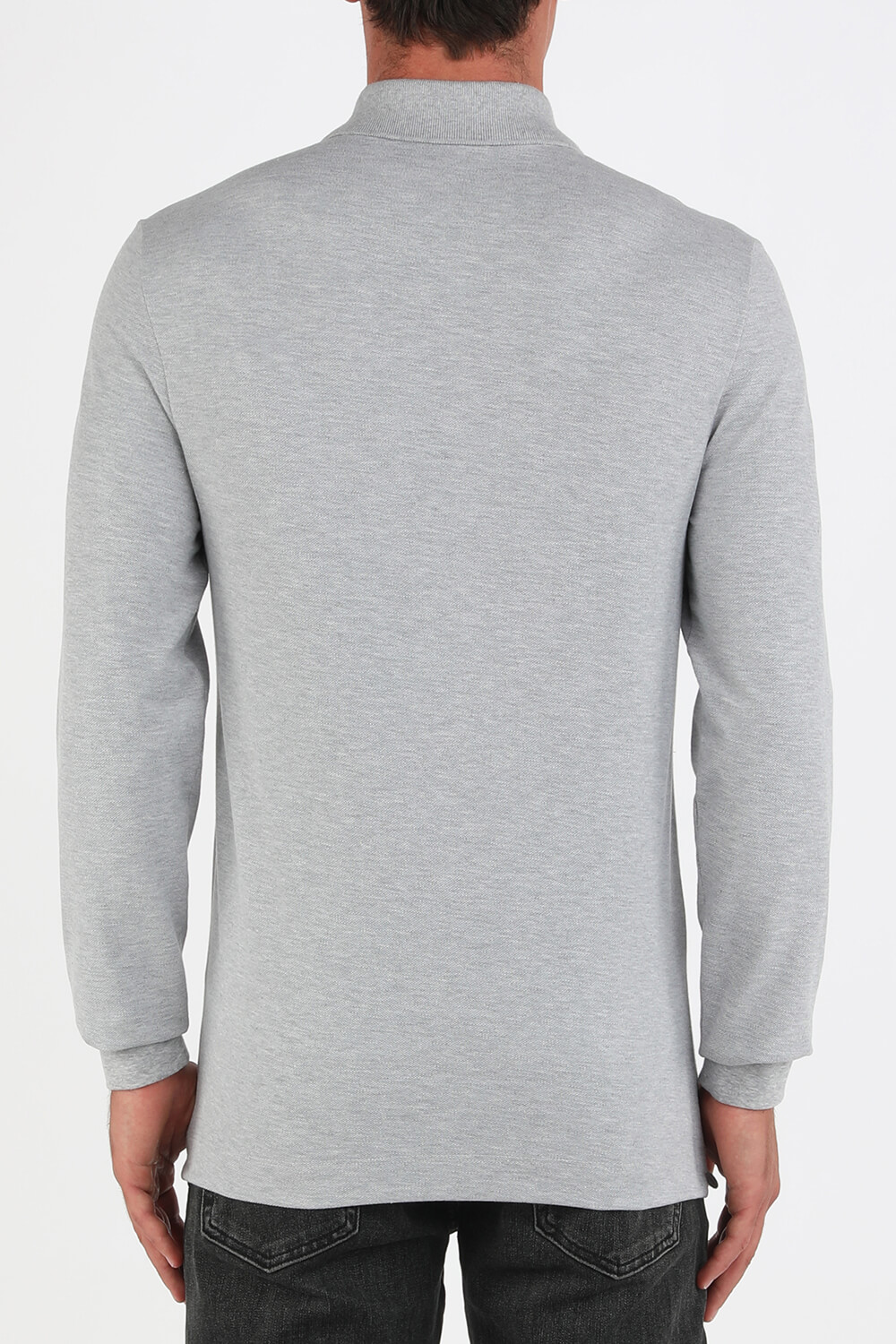 תמונת דוגמן אחורית של חולצת פולו עם שרוולים ארוכים בצבע אפור