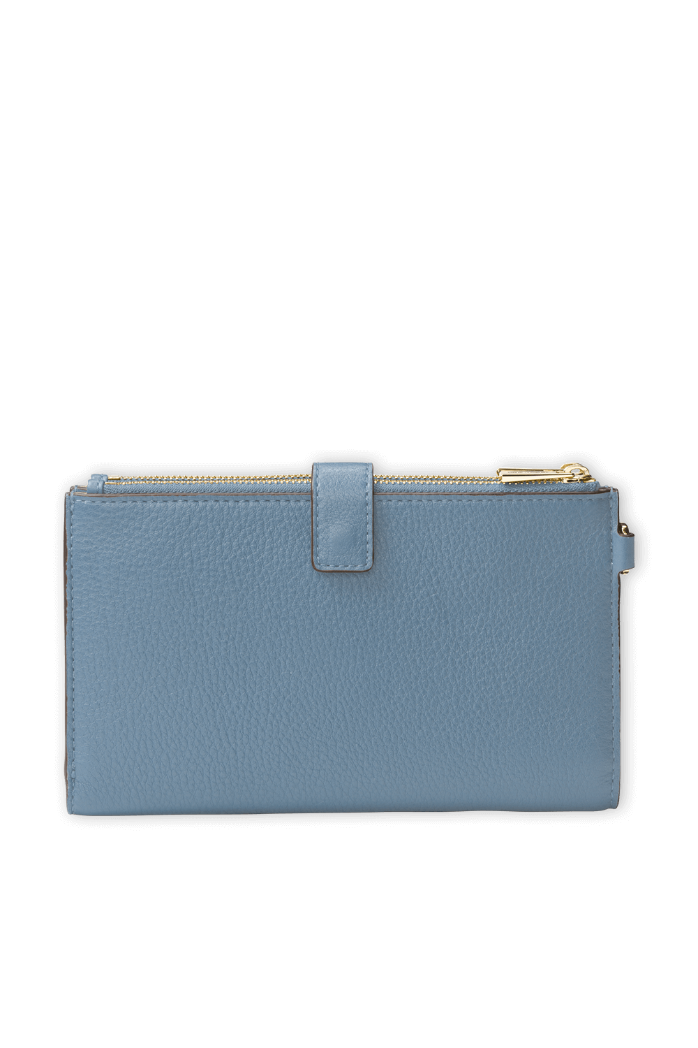 תמונה אחורית של ארנק מעור תכלת עם רצועת אחיזה