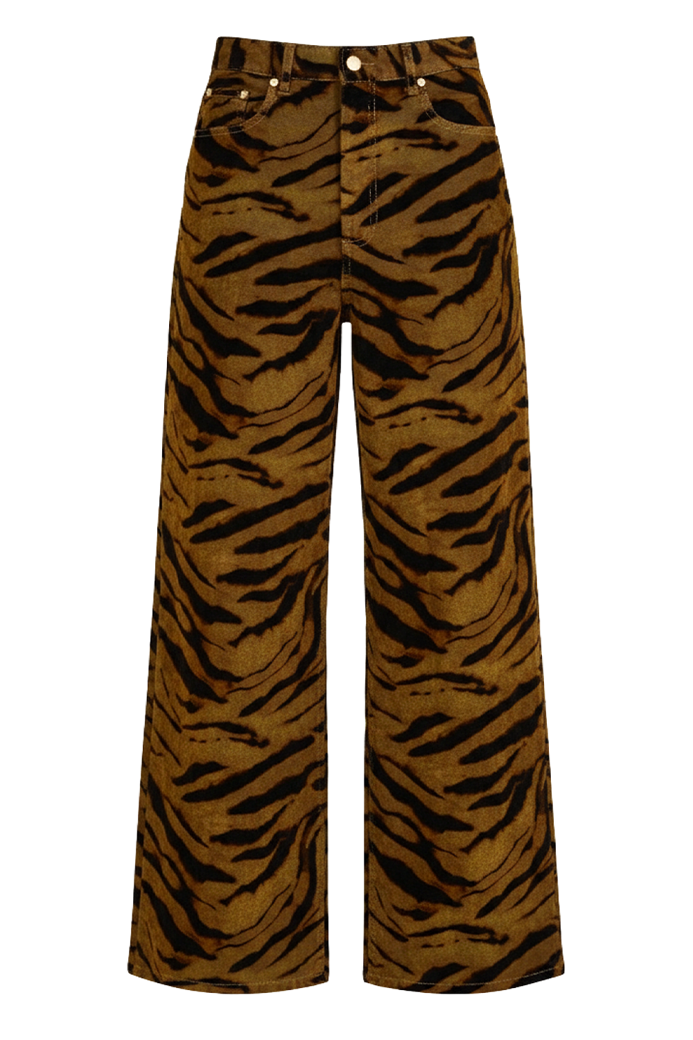 תמונה קידמית של מכנסי ג'ינס בהדפס טייגר פלוק