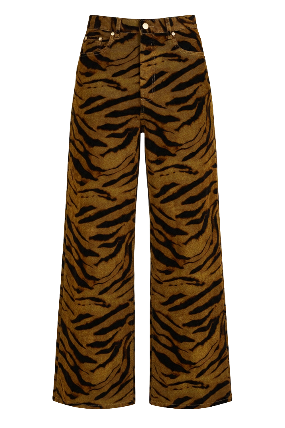 תמונה קידמית של מכנסי ג'ינס בהדפס טייגר פלוק