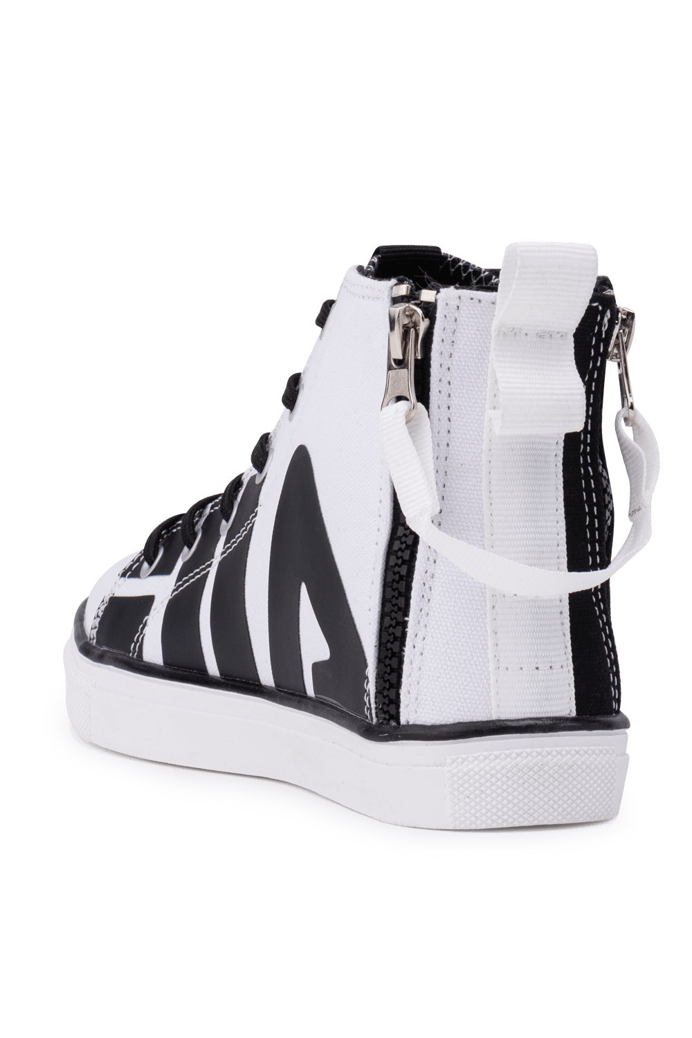 תמונת תקריב של מידות 32-37 סניקרס לוגו גבוהות בשחור ולבן