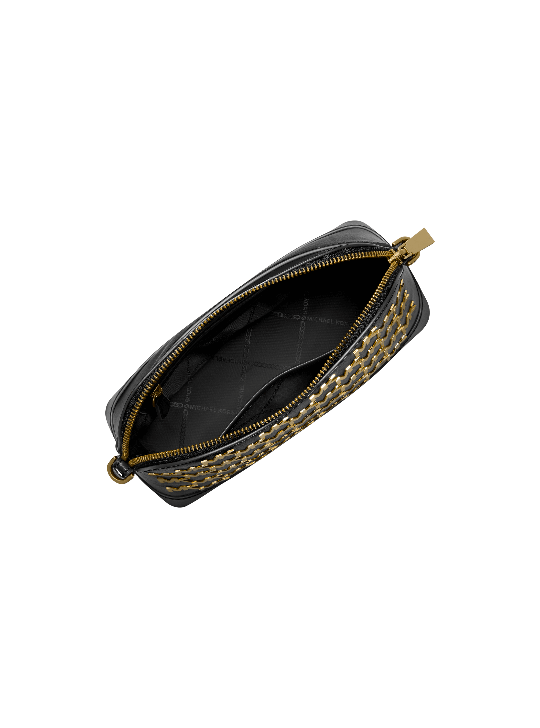 תמונה אחורית של תיק קרוס דום בגודל גדול עם דוגמה לוגומאנית מוזהבת