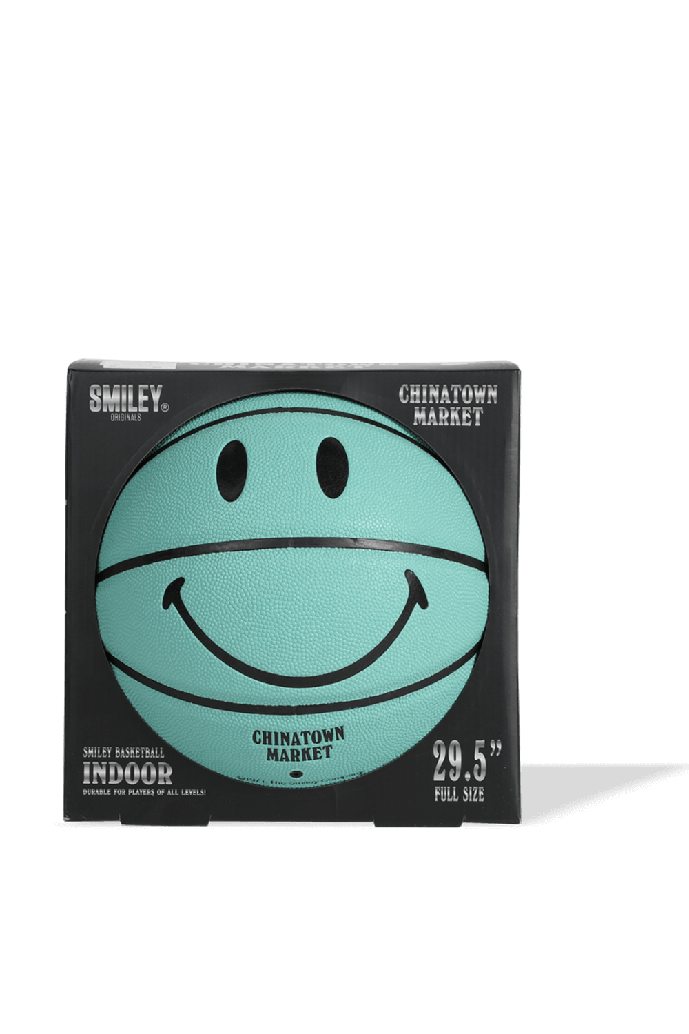 תמונה קידמית של כדור כדורסל עם סמיילי בצבע טורקיז