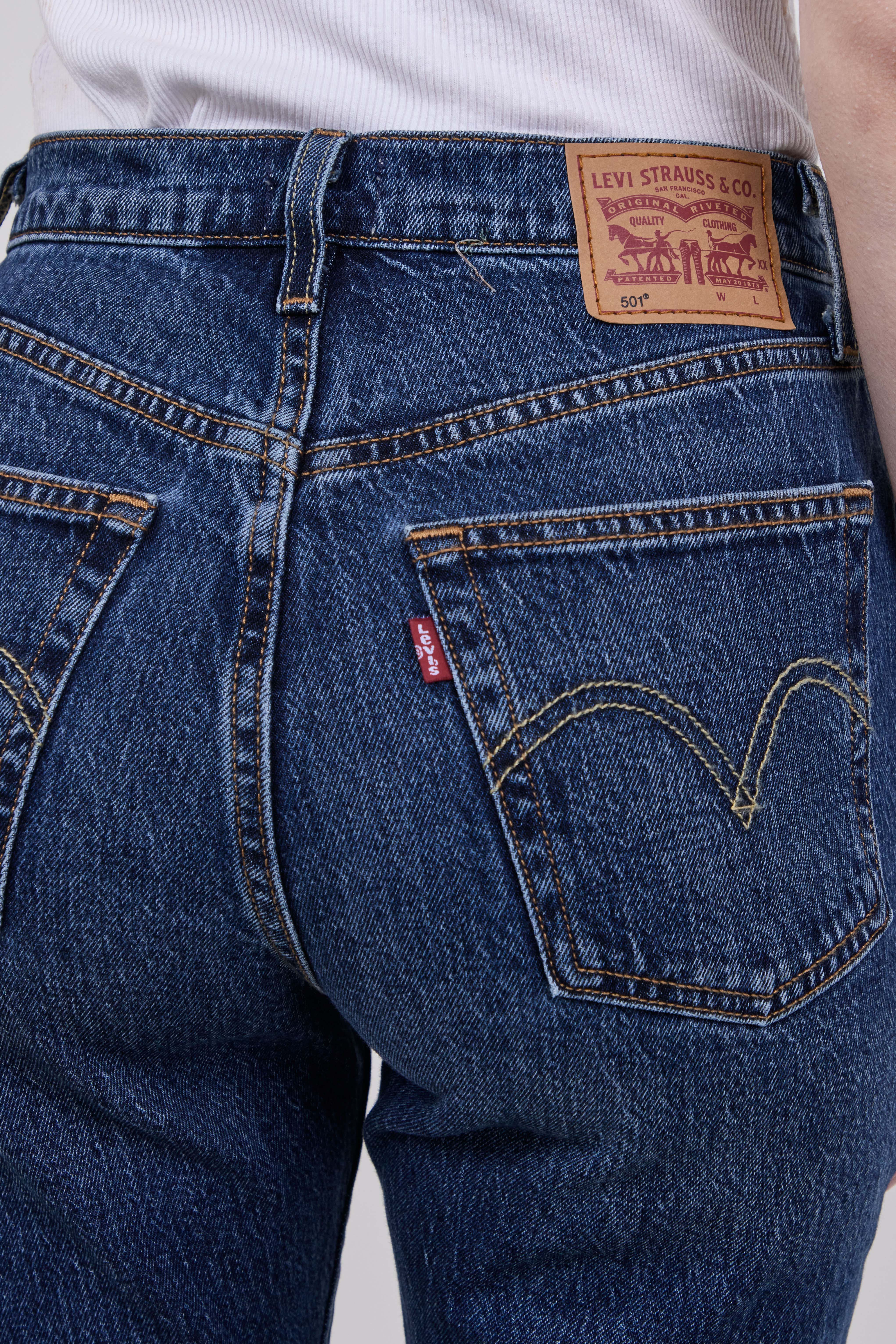 תמונת תקריב דוגמן של מכנסי ג'ינס 501 בגזרה ישרה