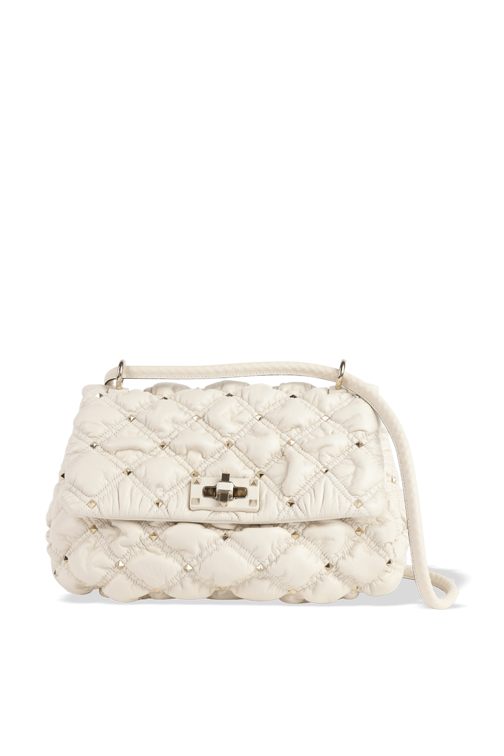 תמונה קידמית של Medium Spikeme Leather Shoulder Bag in Light Ivory