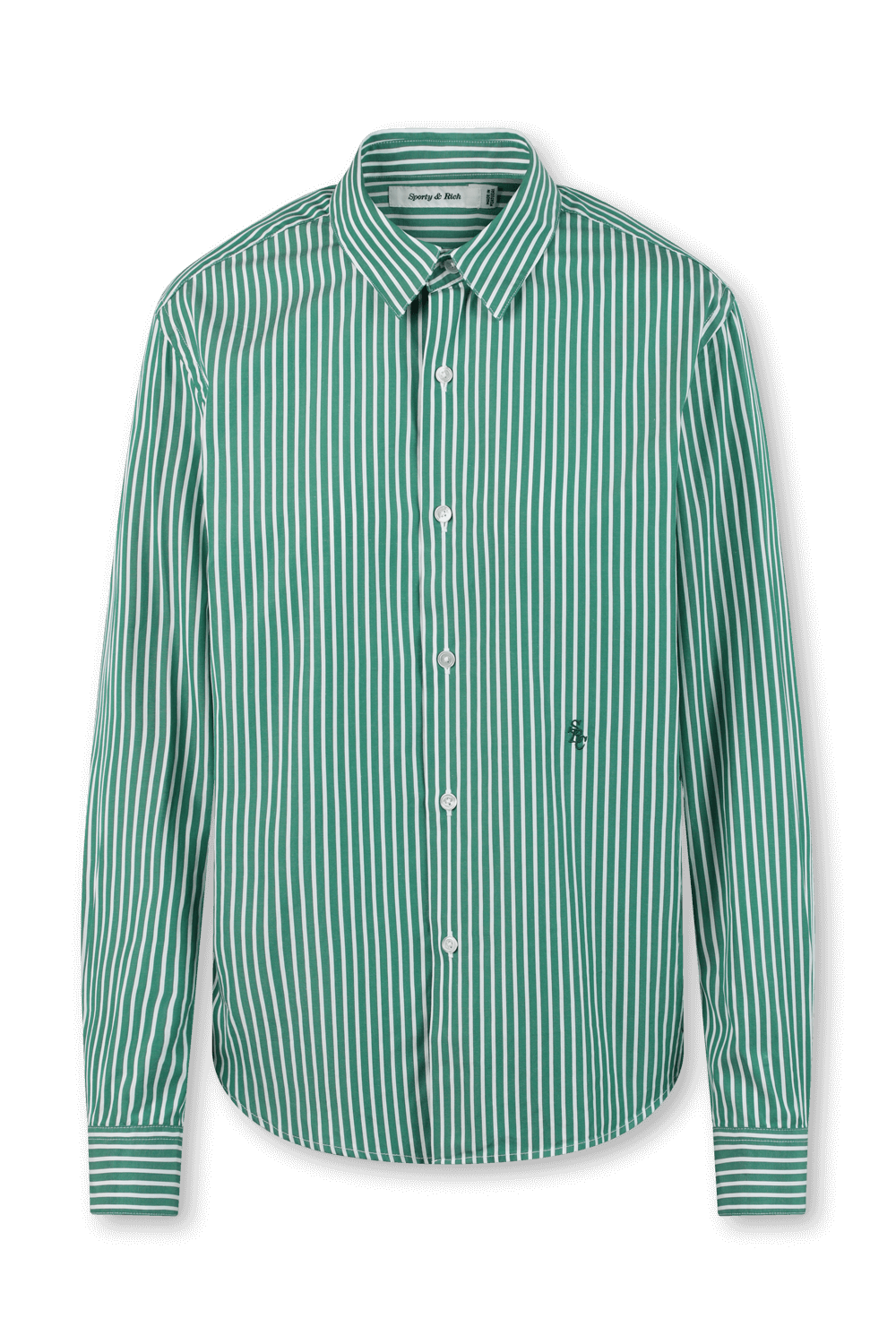 תמונה קידמית של חולצה מכופתרת עם הדפס פסים בגווני ירוק ולבן