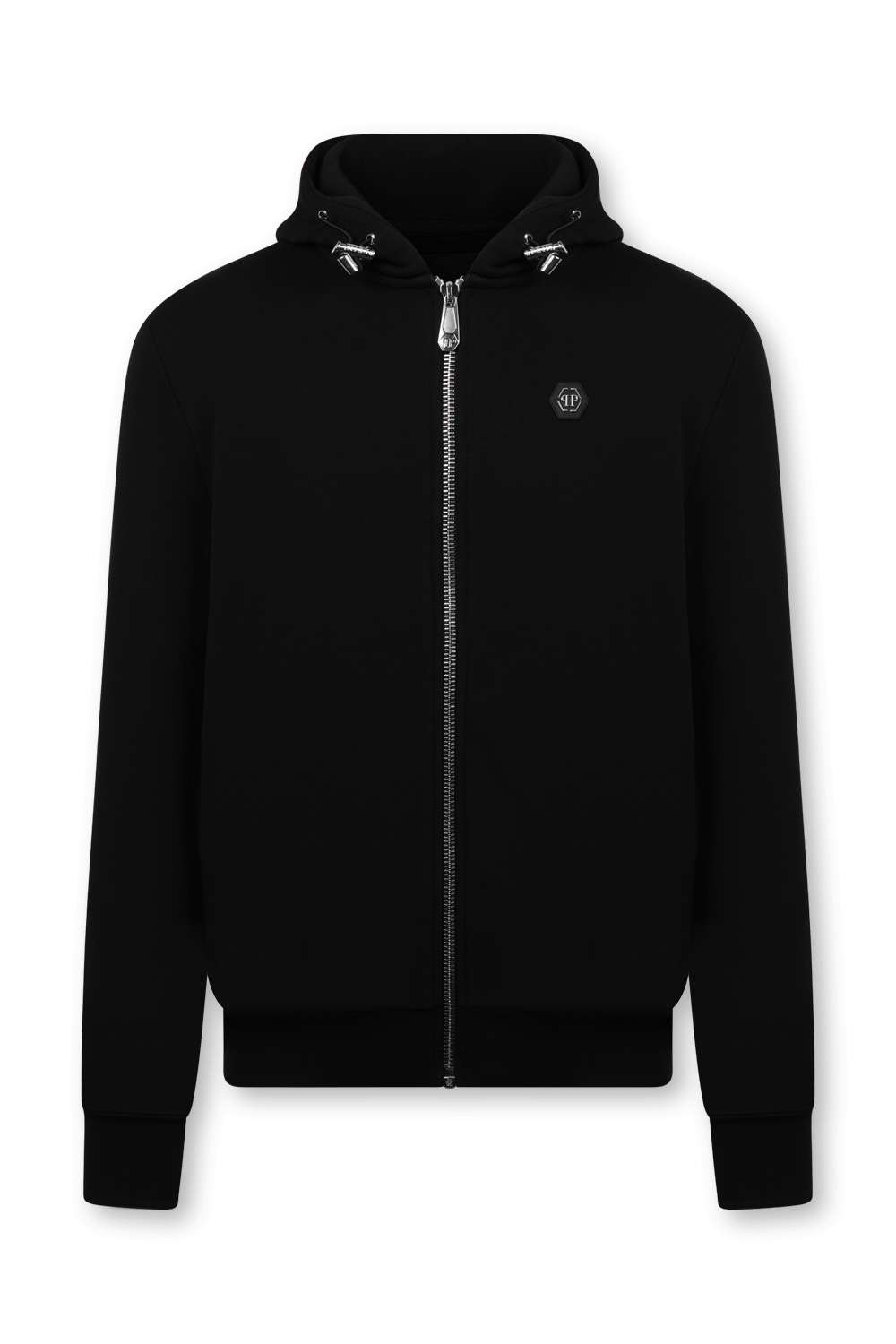 תמונה קידמית של סווטשירט שחור עם לוגו מטאלי