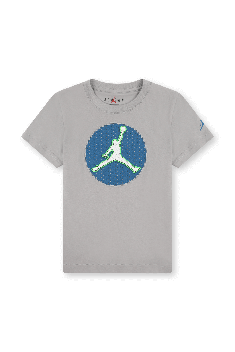 תמונה קידמית של גילאי 8-16  חולצת טי אפורה עם פרינט ג'ורדן כחול