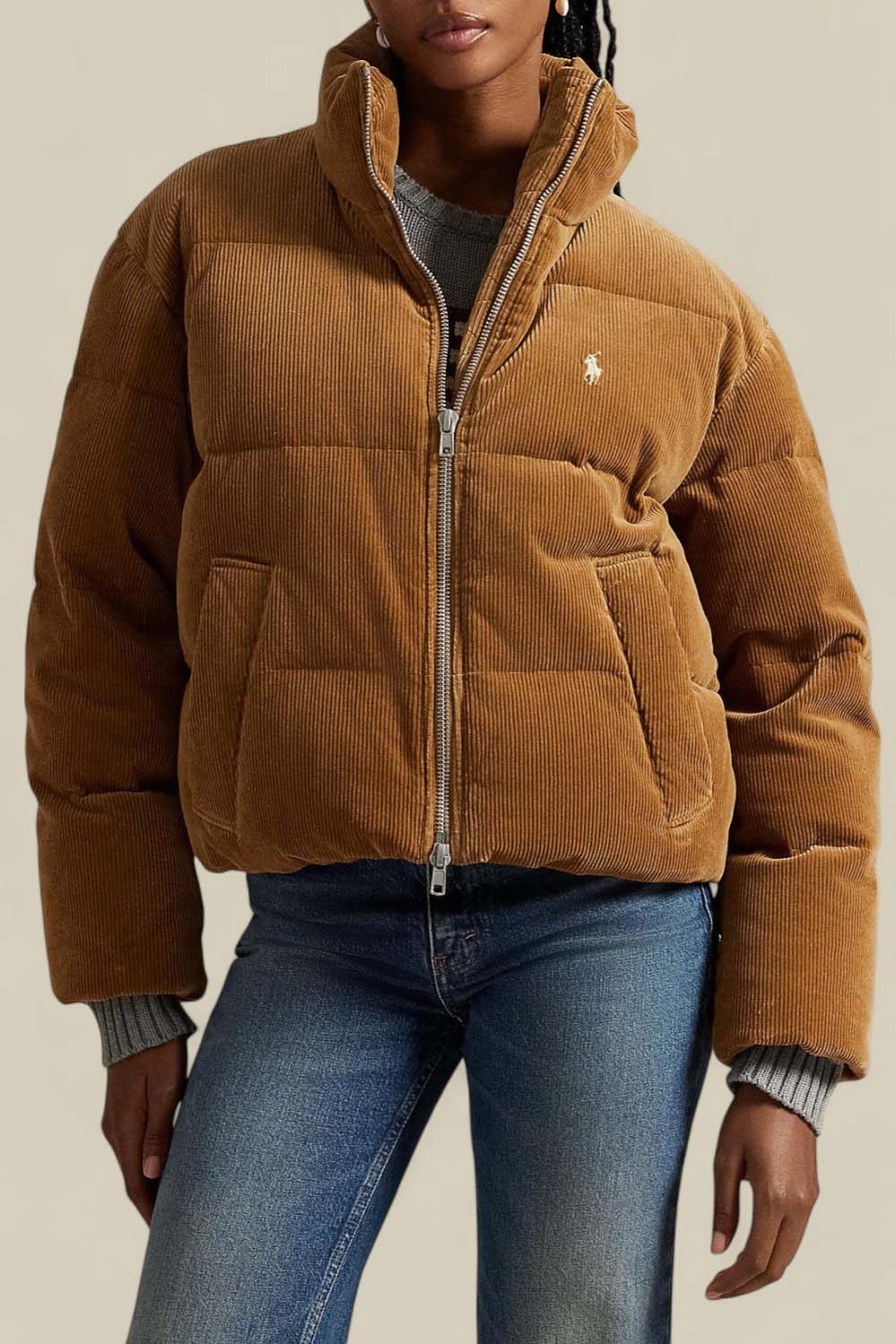 תמונת דוגמן קידמית של מעיל פוך קורדרוי