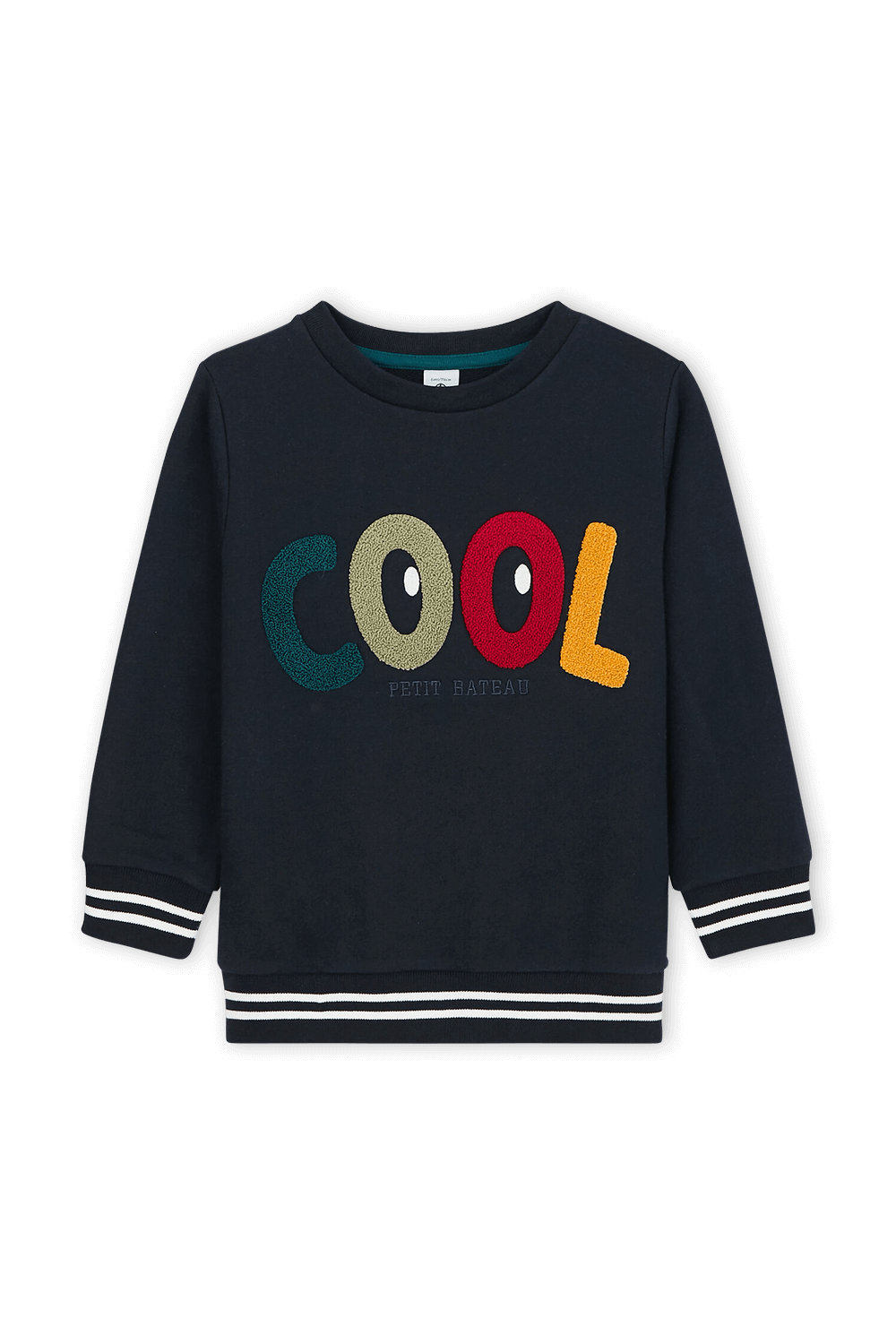 תמונה קידמית של גילאי 6-12 סווטשירט כחול עם פאץ' פליז צבעוני