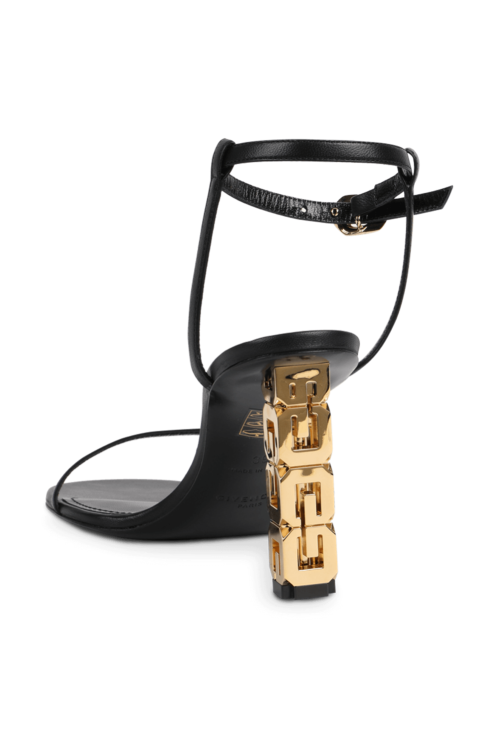 תמונה אחורית של סנדלי עקב עם עקב ג'י מוזהב בצבע שחור
