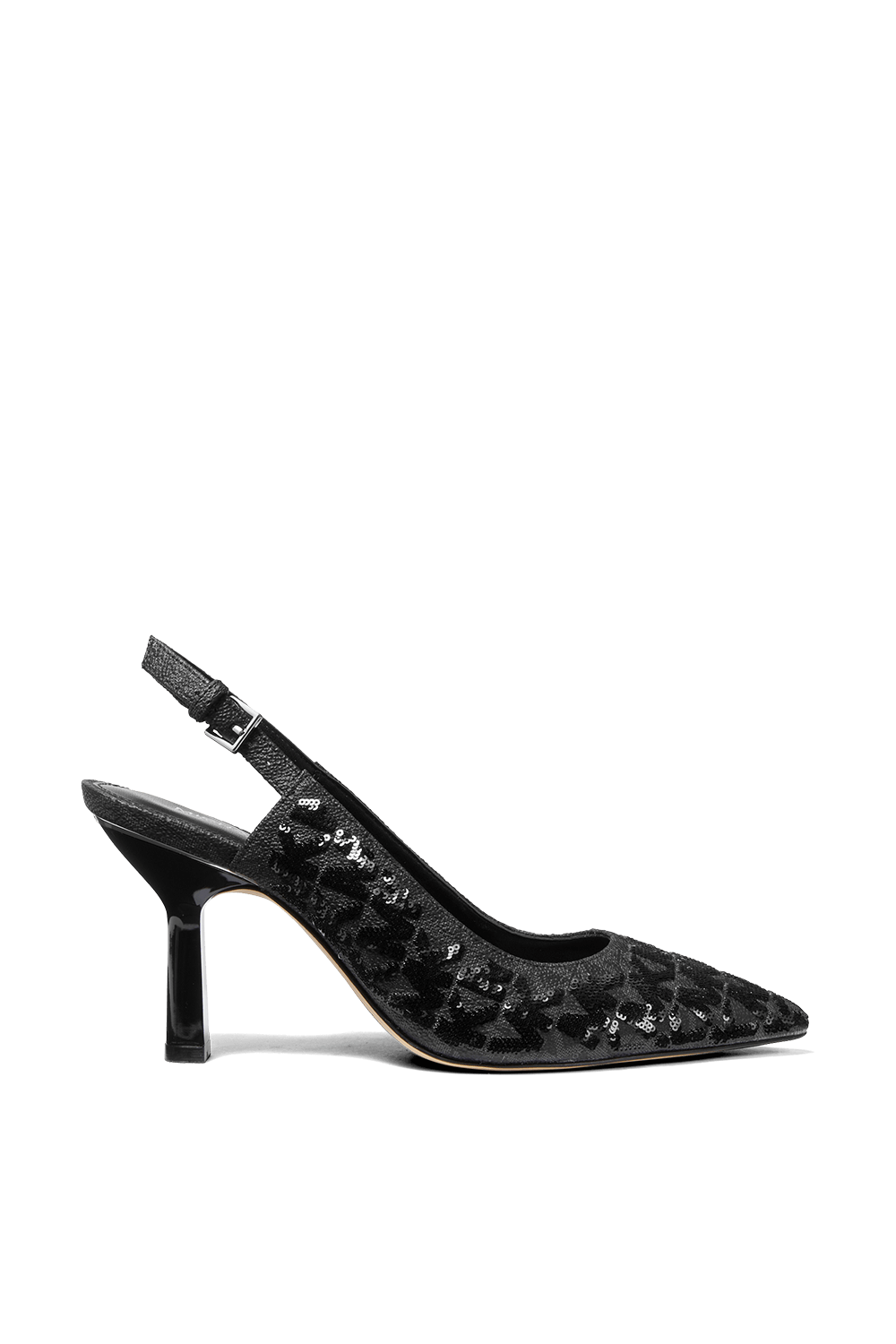 תמונה קידמית של נעלי עקב סלינ-בק במונוגרמת פאייטים שחורה