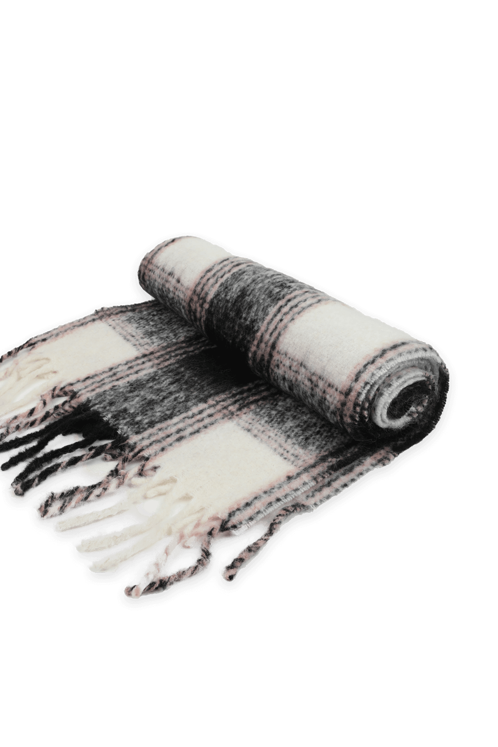 תמונת תקריב של צעיף צמר עם משבצות בגווני שחור, לבן וחום