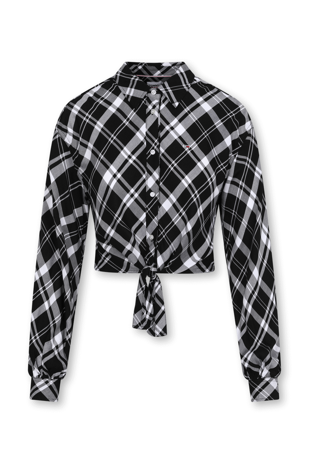 תמונה קידמית של חולצה מכופתרת משובצת עם אלמנט קשירה