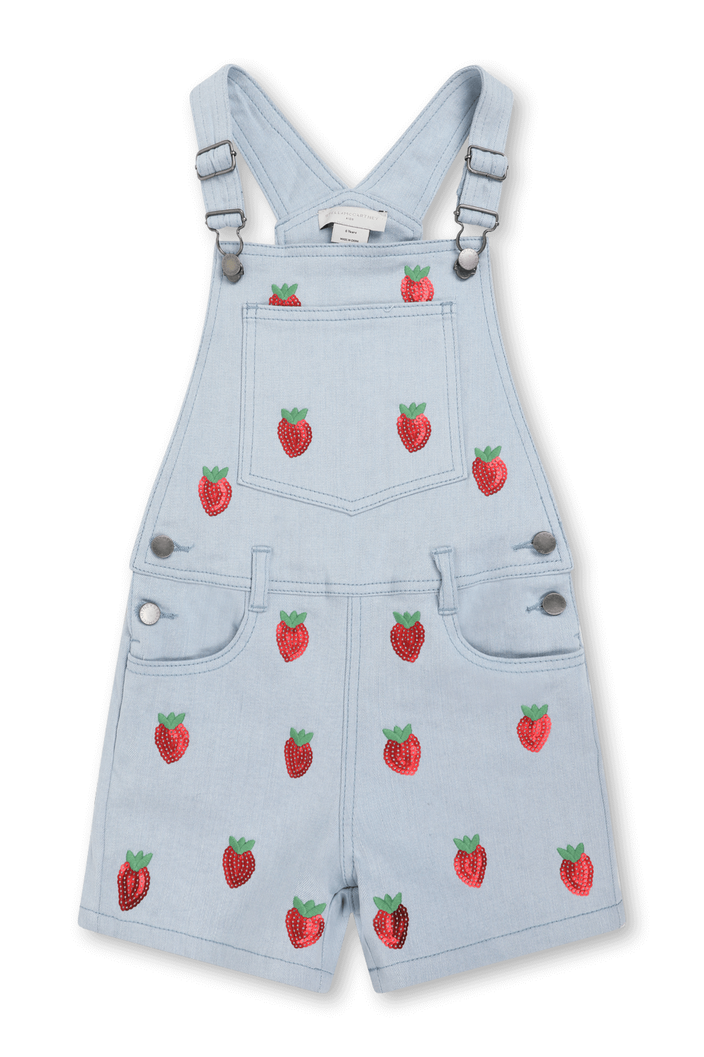 תמונה קידמית של גילאי 4-14 אוברול ג'ינס בהיר עם תותים רקומים