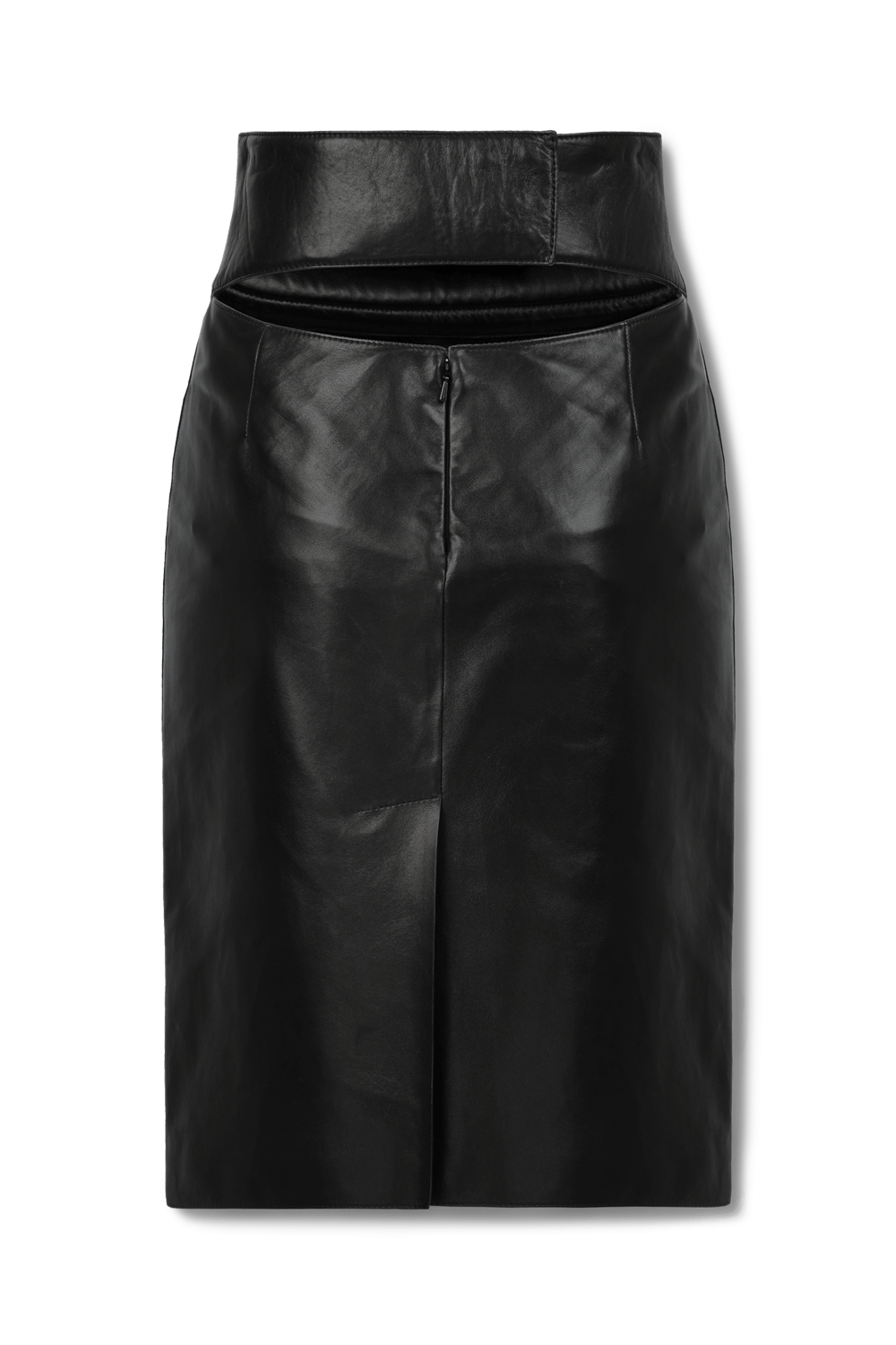 תמונה אחורית של חצאית מידי שחורה מעור