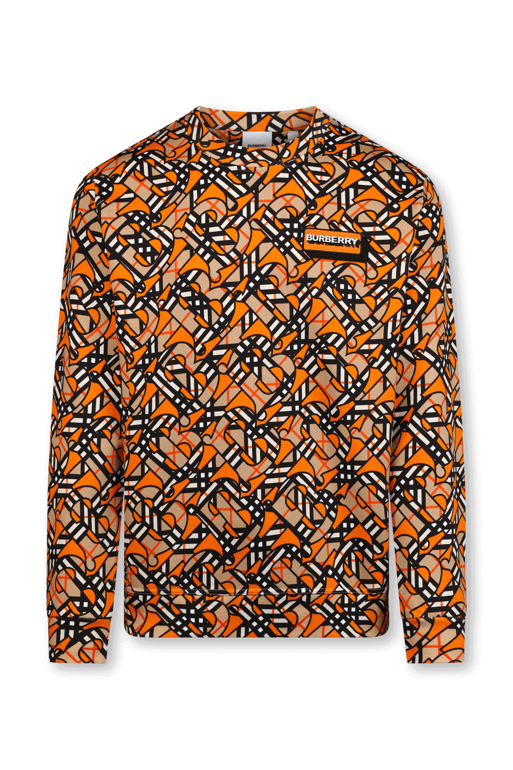 תמונה קידמית של סווטשירט עם פרינט מונוגרמי ולוגו פאץ'