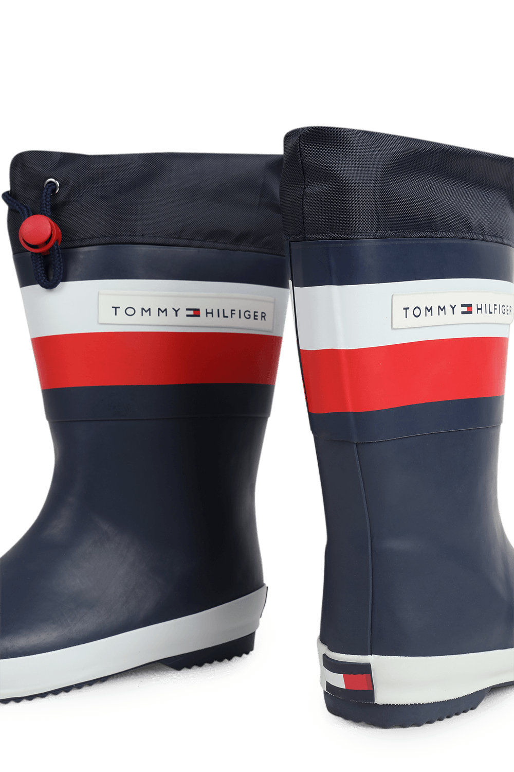 תמונת תקריב של מידות 24-34 מגפי גומי עם שרוך בצבע כחול