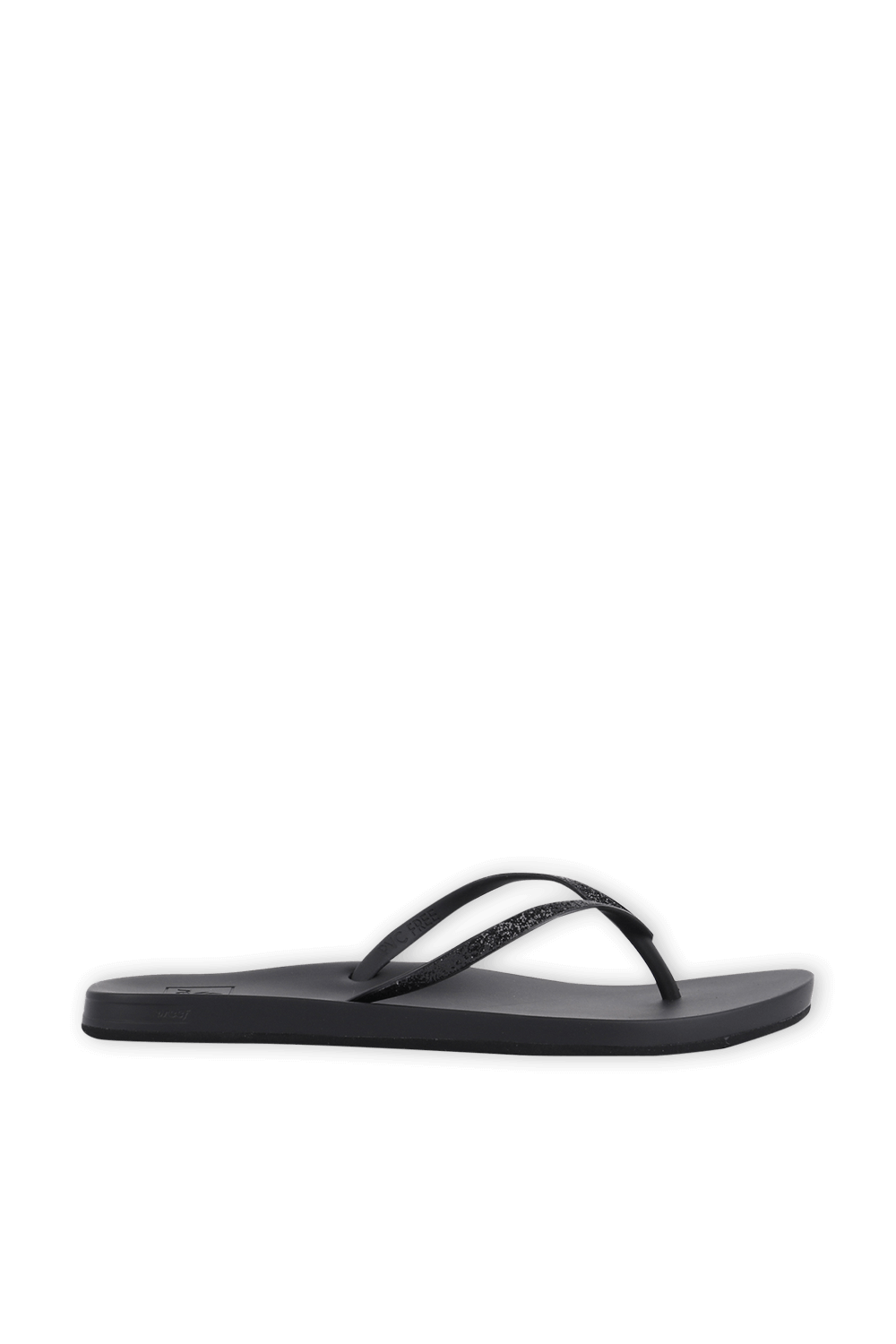 תמונה קידמית של כפכפי אצבע שחורים עם רצועות מנצנצות