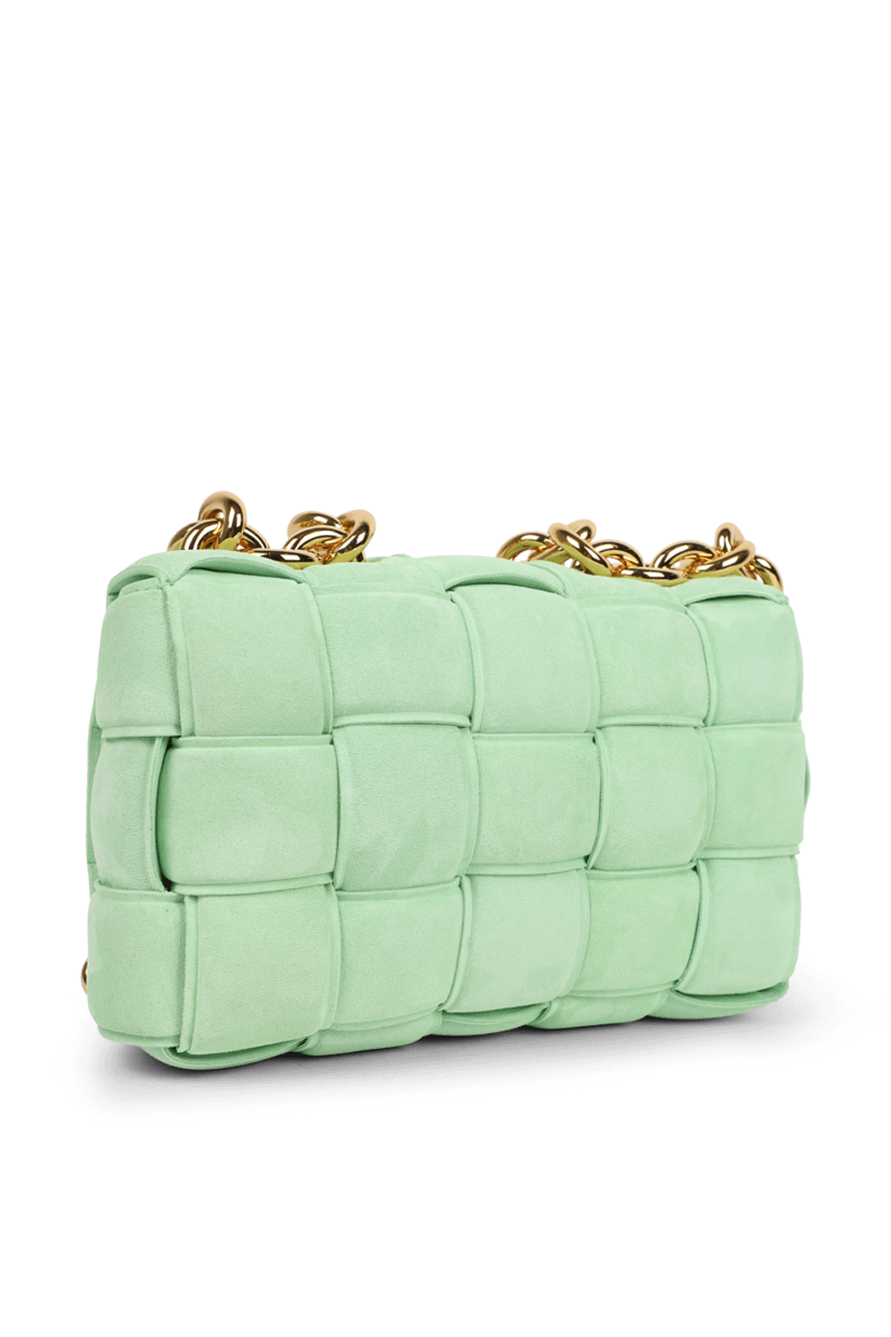 תמונה אחורית של תיק קסטה מקשמיר בגוון ירוק מנטה עם שרשרת זהובה