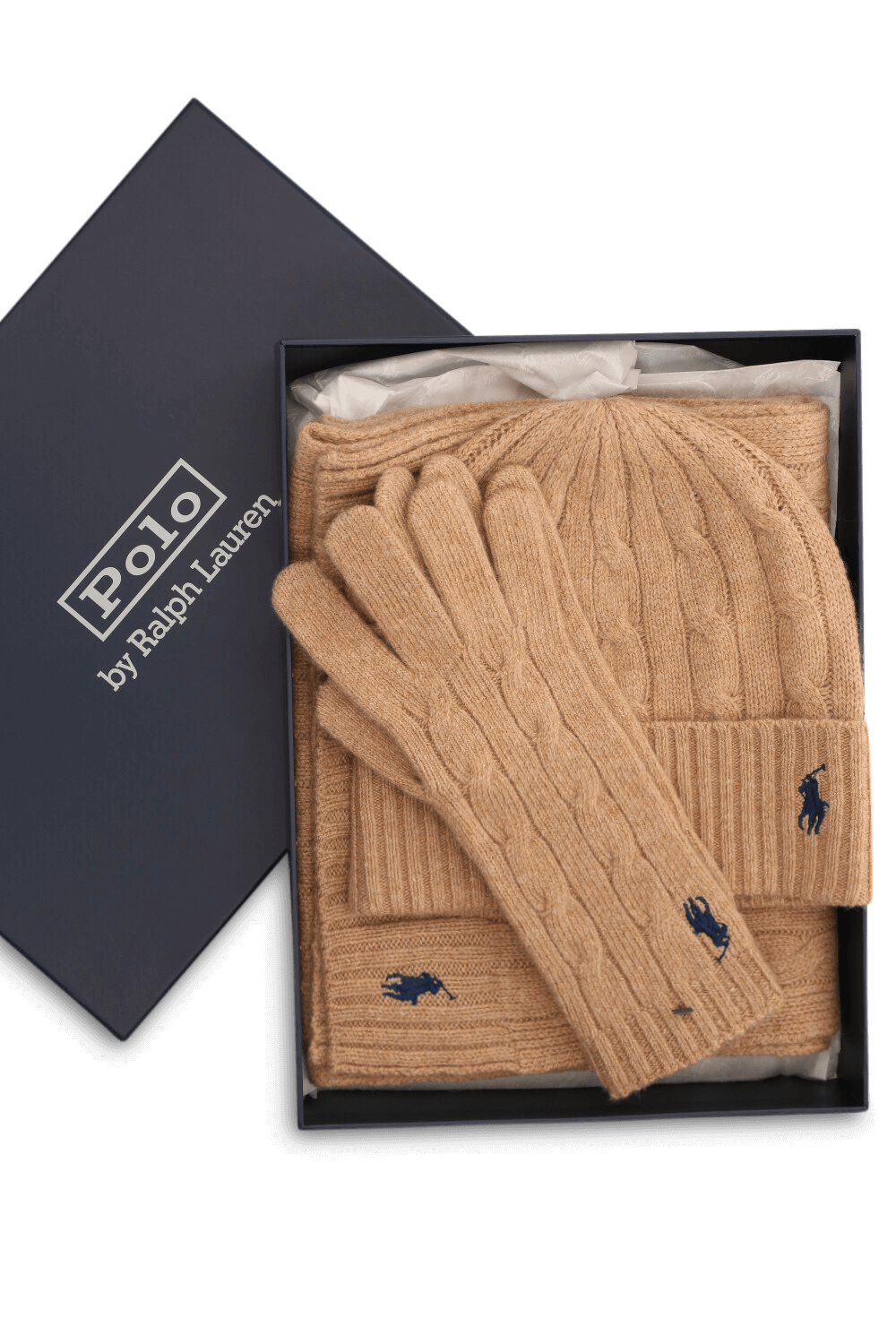 תמונה קידמית של מארז כובע, צעיף וכפפות מצמר