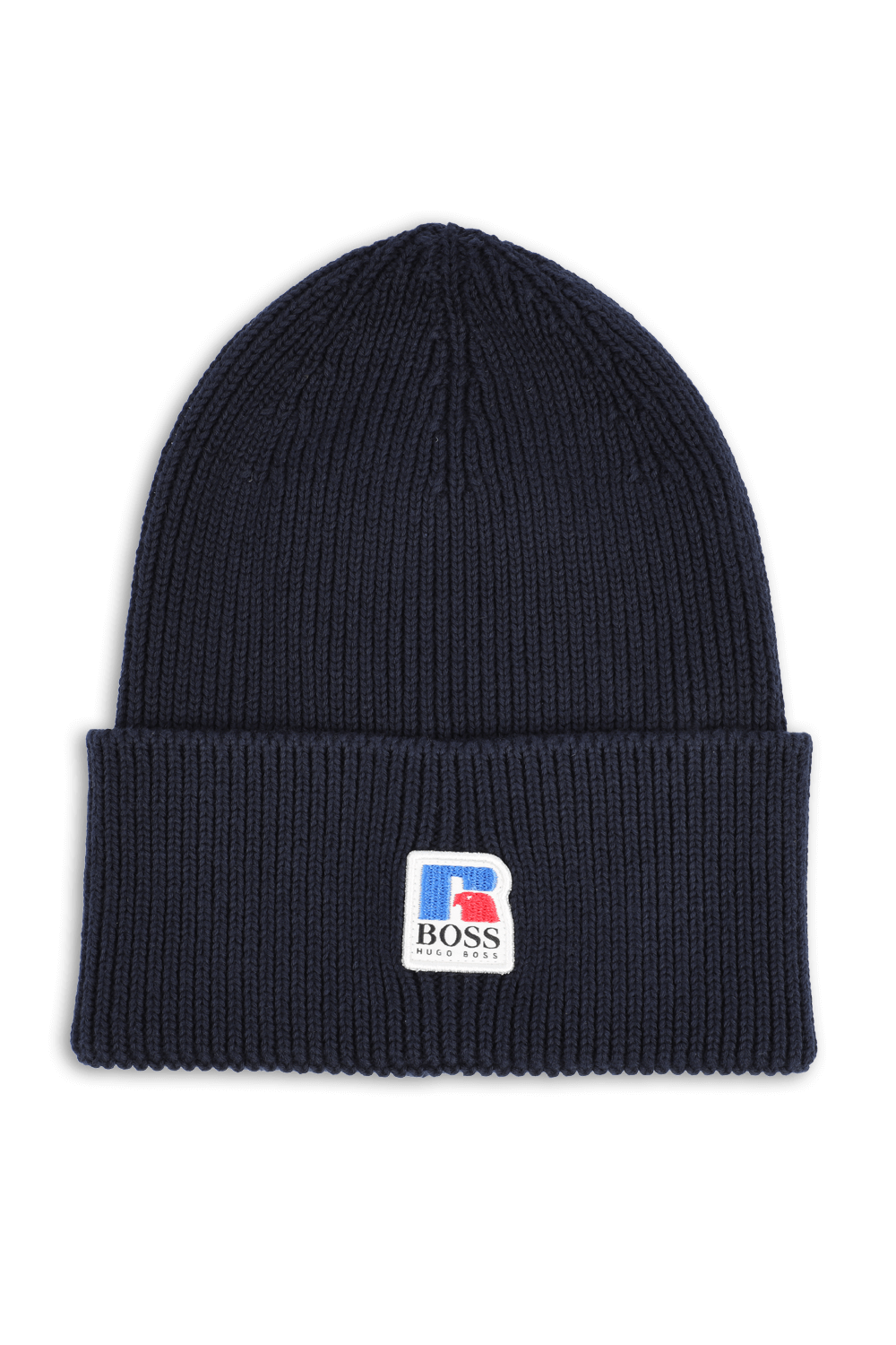 תמונה קידמית של Boss X Russell Athletic Ribbed Beanie Hat in Dark Blue