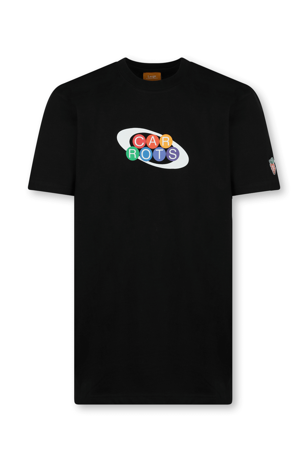 תמונה קידמית של חולצה שחורה עם לוגו גראפי