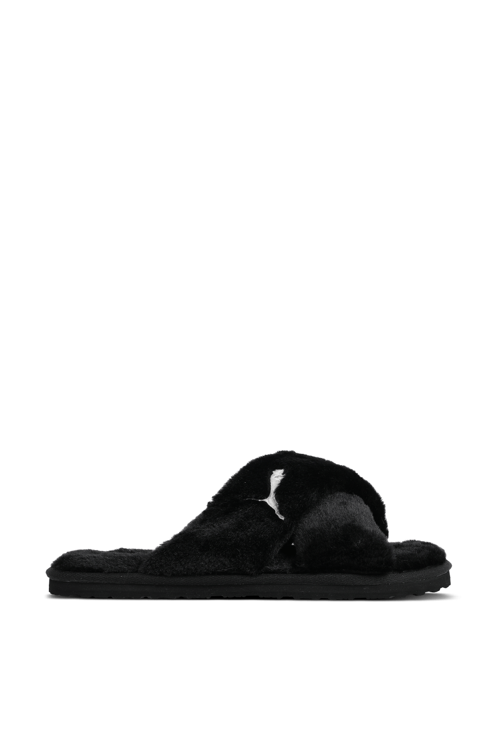 תמונה קידמית של כפכפים דמוי פרווה עם רצועות מצטלבות בגוון שחור