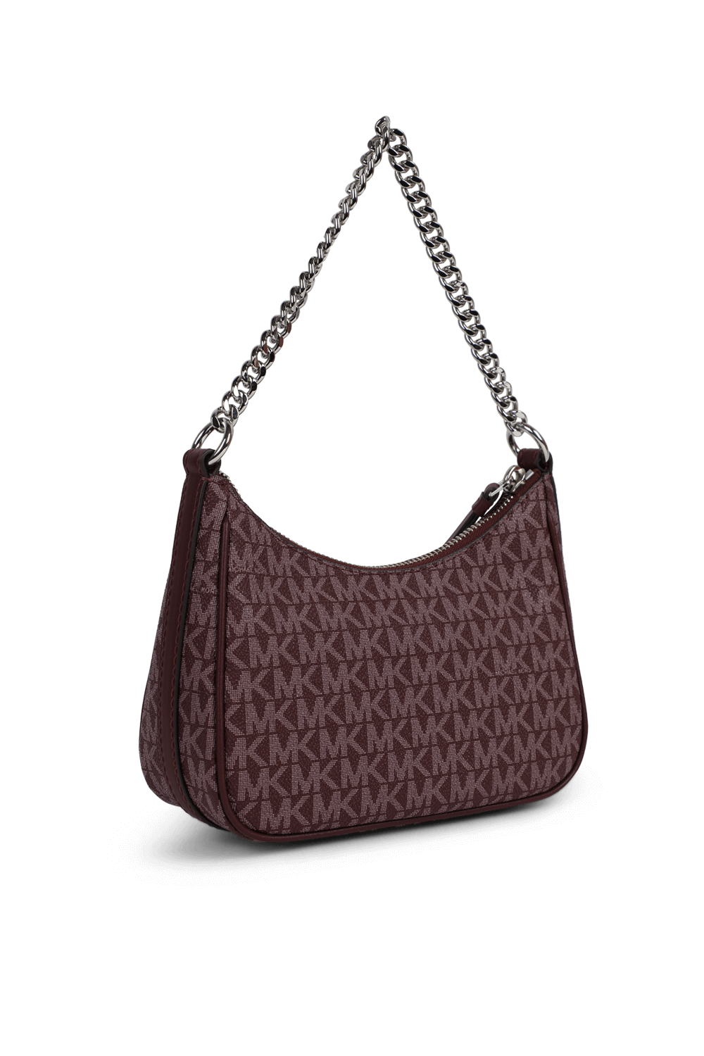 תמונה אחורית של תיק כתף מונוגרמי עם שרשרת מטאלית