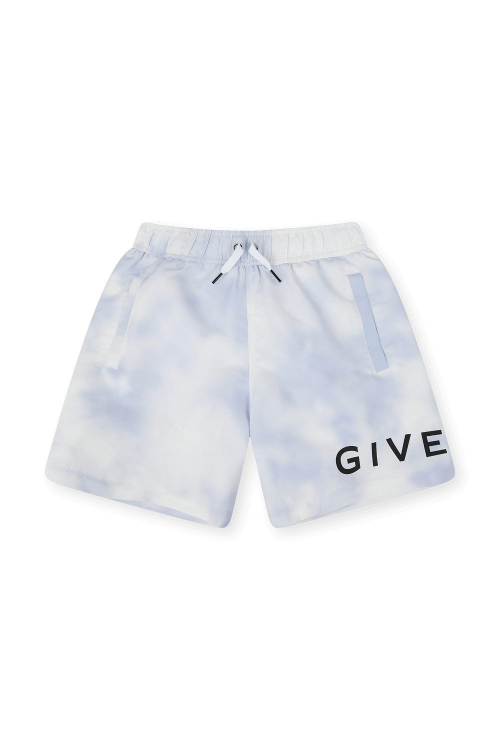 תמונה קידמית של מכנסי בגד ים עם הדפס ושרוכי קשירה