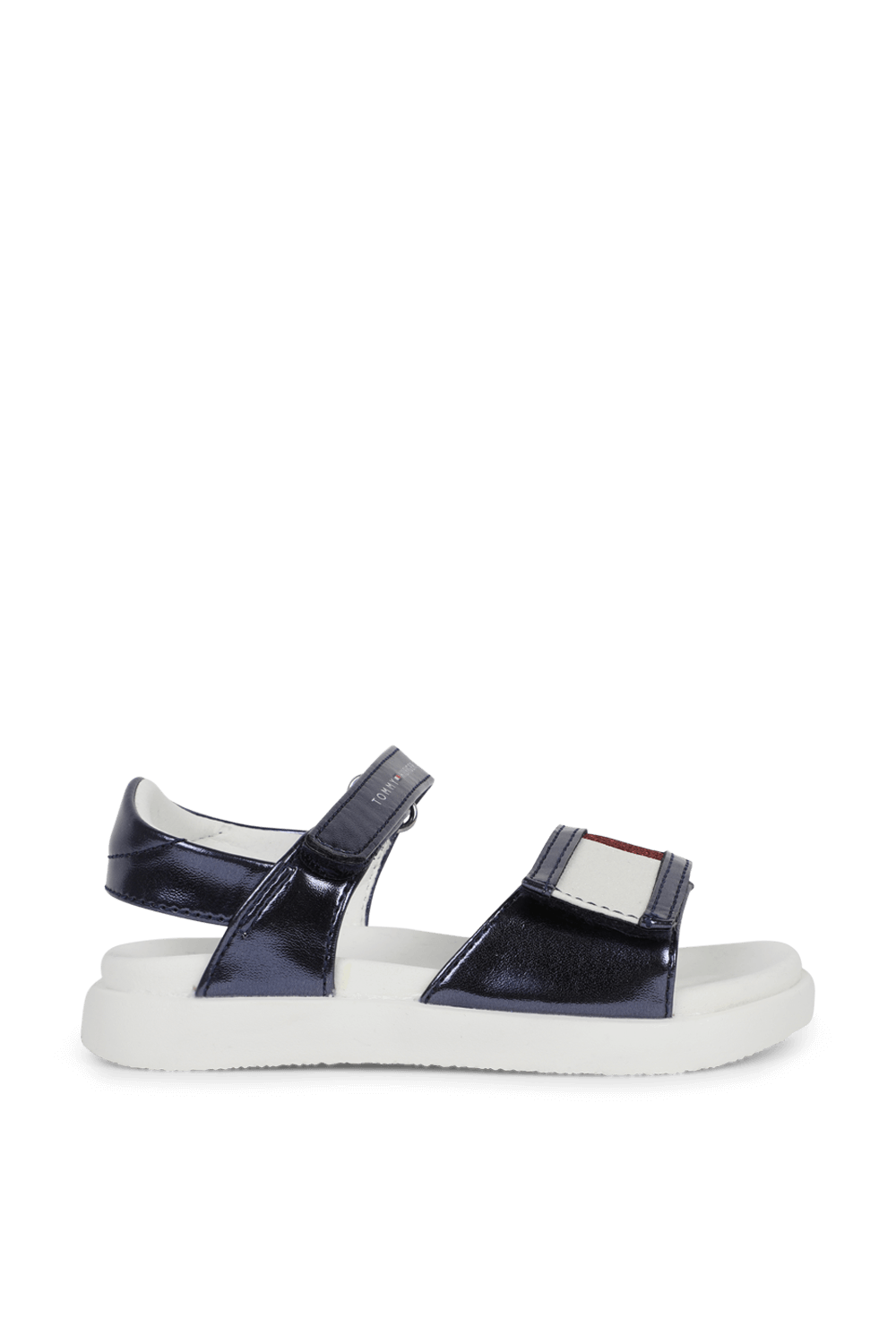 תמונה קידמית של מידות 24-29 סנדלים כחולים מטאליים עם רצועה מנצנצת