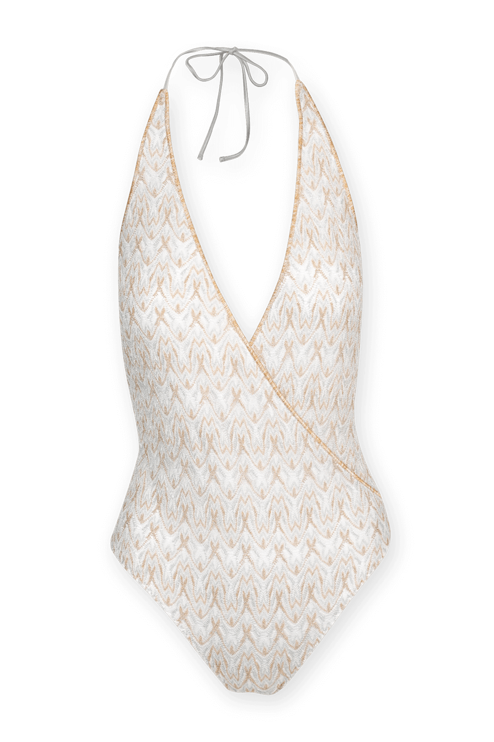 תמונה קידמית של בגד ים שלם סרוג בגווני כסף וזהב