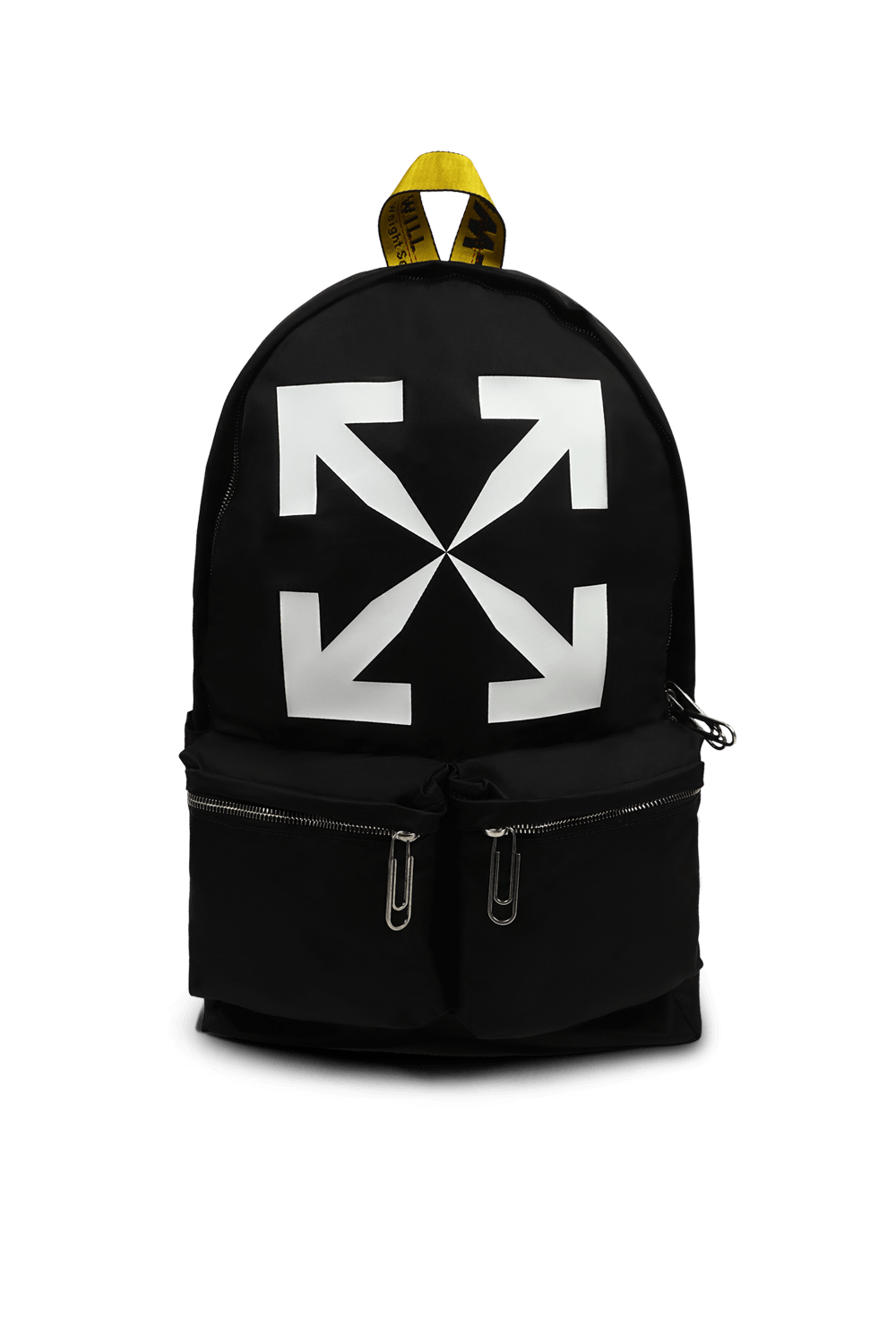 תמונה קידמית של תיק גב שחור עם מיתוג צהוב