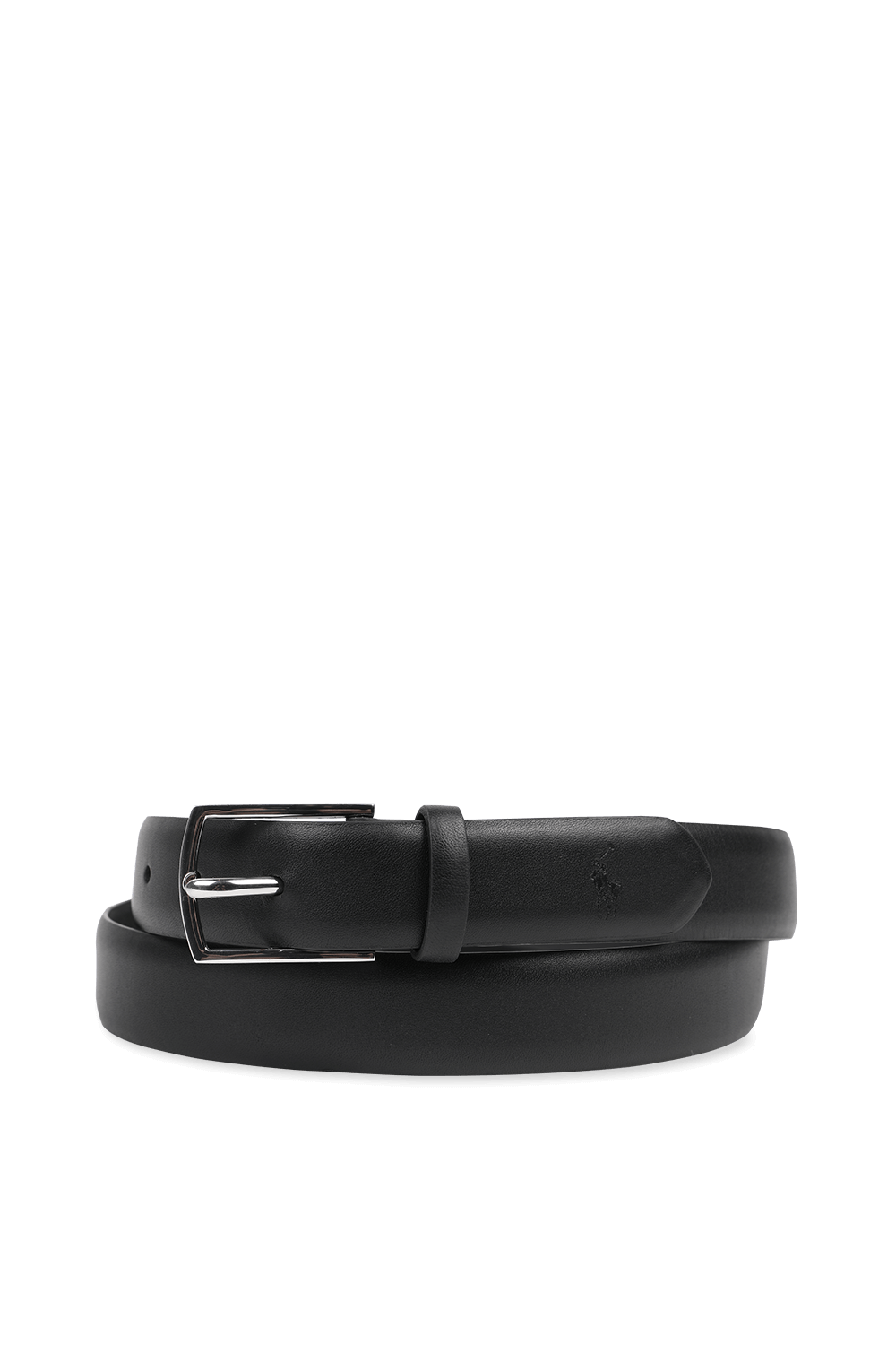 תמונה קידמית של חגורת עור שחורה עם אבזם מטאלי כסוף