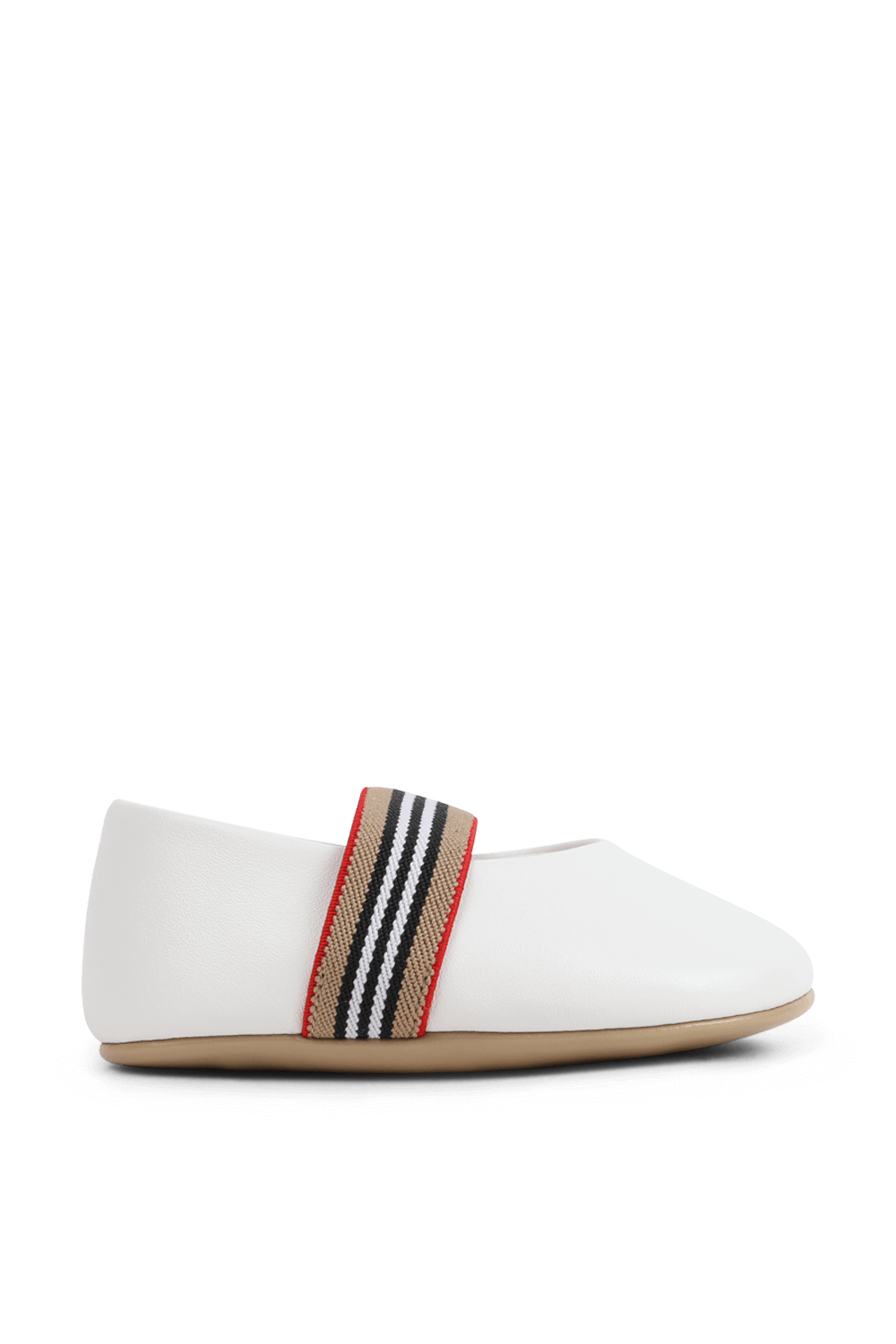 תמונה קידמית של נעלי בובה מעור עם רצועת פסים אלסטית - מידות 15-19